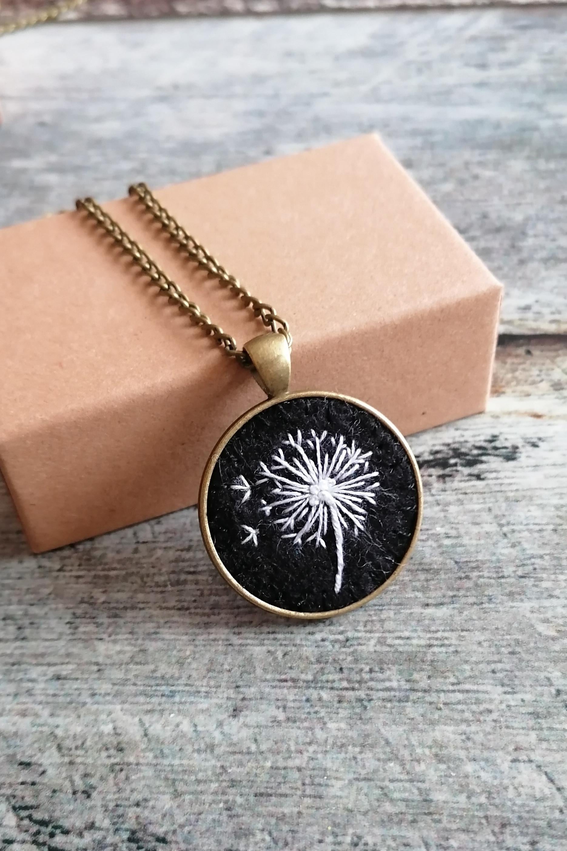 Hand Embroidered Dandelion Necklace, Black white color antique style Pendant, photo 6
