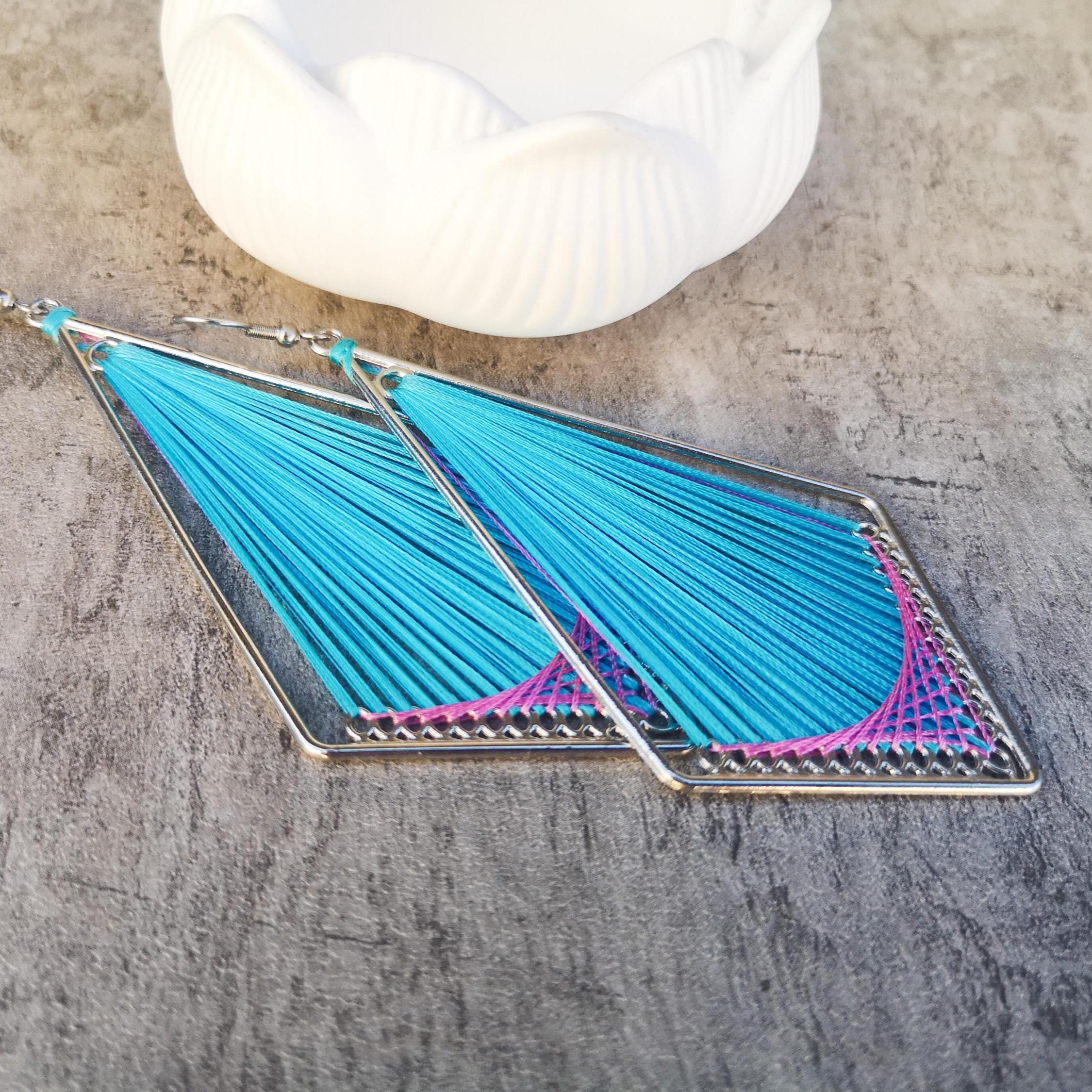 Peruvian thread teardrop earrings, Blue and pink dangle earrings, photo 2