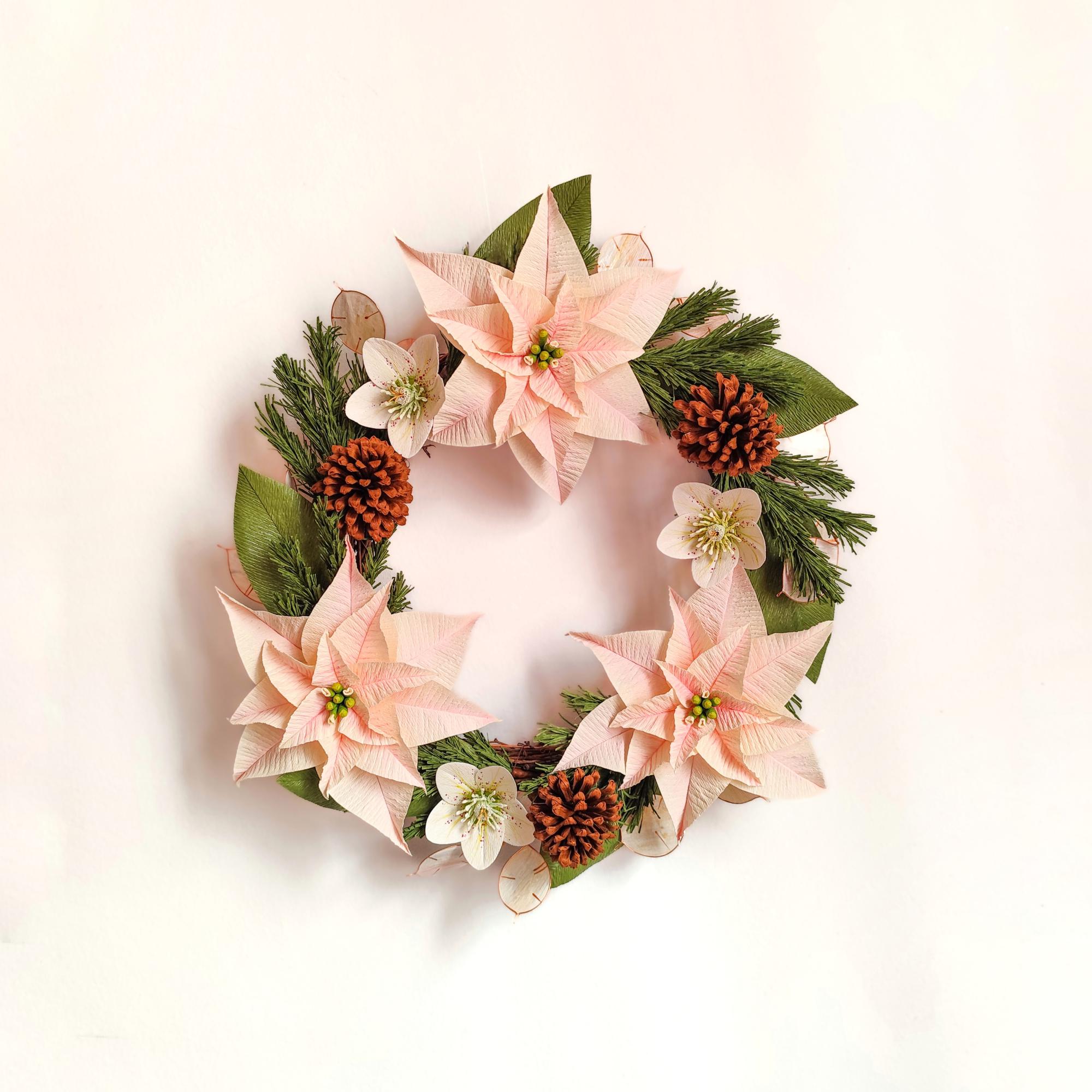 Handmade crepe paper poinsettia wreath, rustic Christmas holiday decor for home