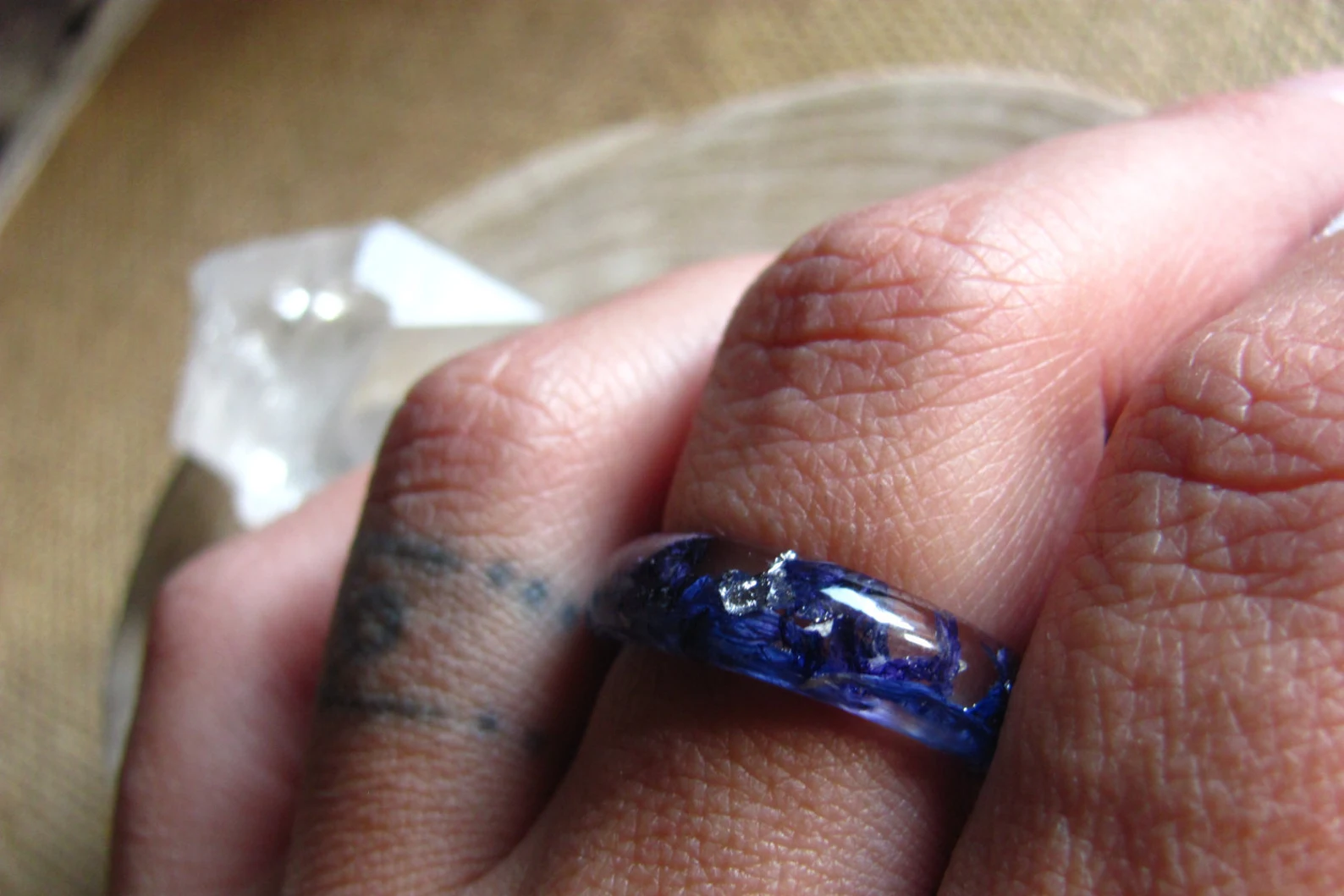 Real Cornflower Resin Ring - Midnight Bloom Silver Flake Band, photo 3