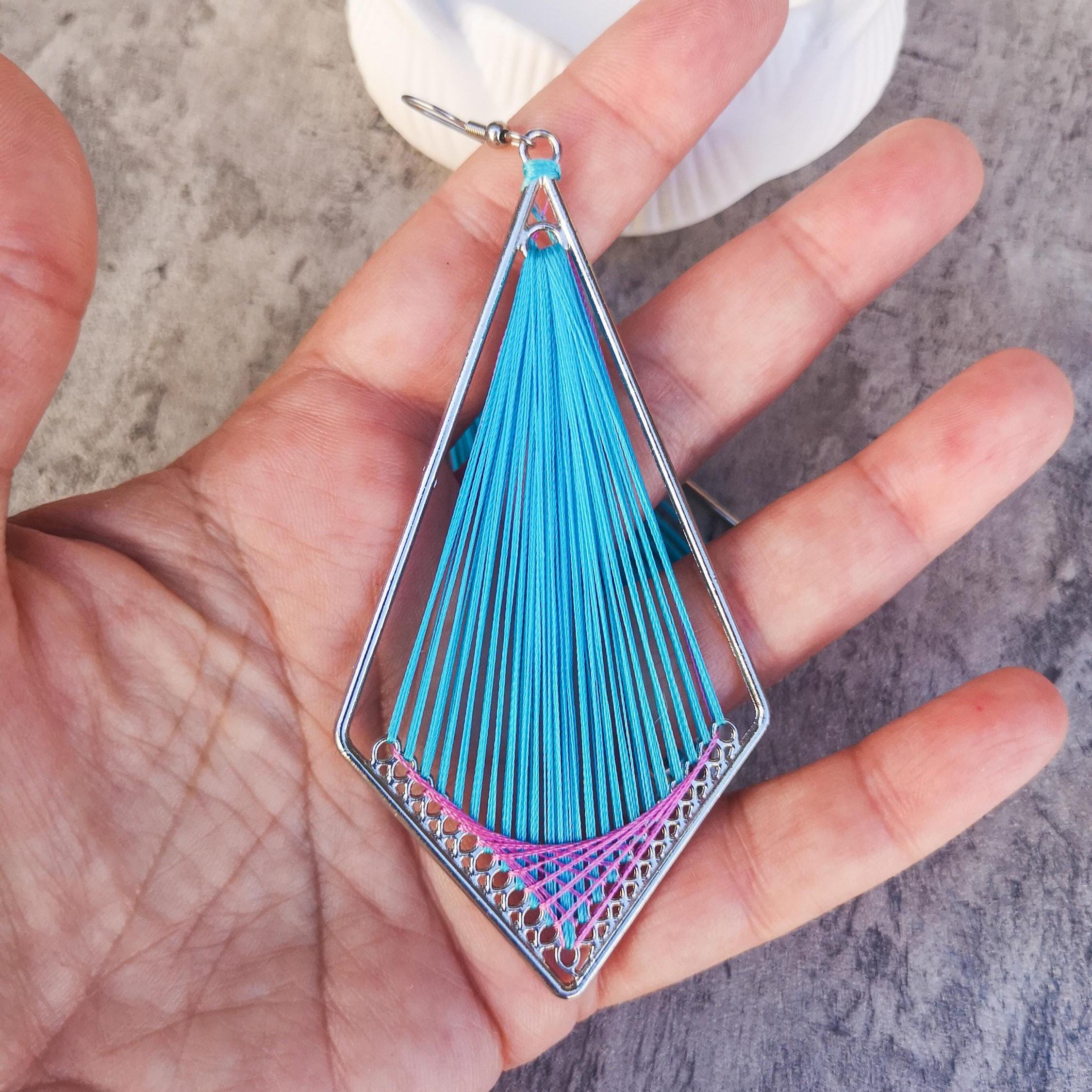 Peruvian thread teardrop earrings, Blue and pink dangle earrings, photo 5