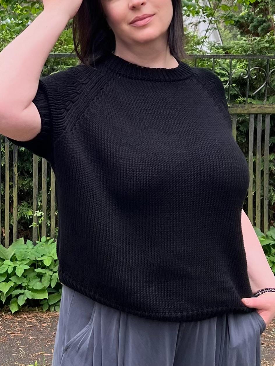 Black Cotton Sweater, Short Sleeve Crew Neck, Chunky Knit Raglan Top, Handmade Relaxed Fit, photo 2