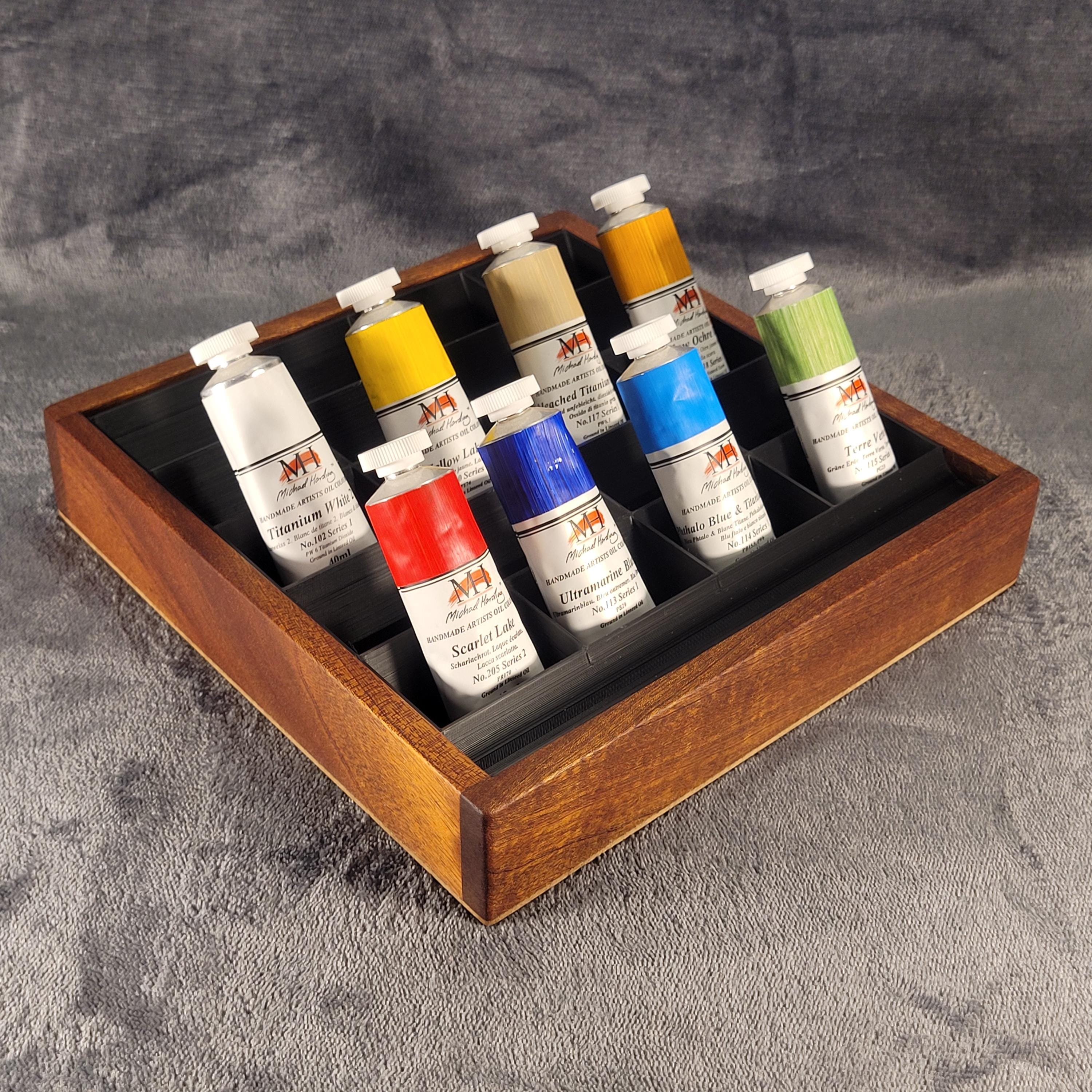 Teak Paint Tube Organizer – Artist Studio Storage Box for Oils, Acrylics