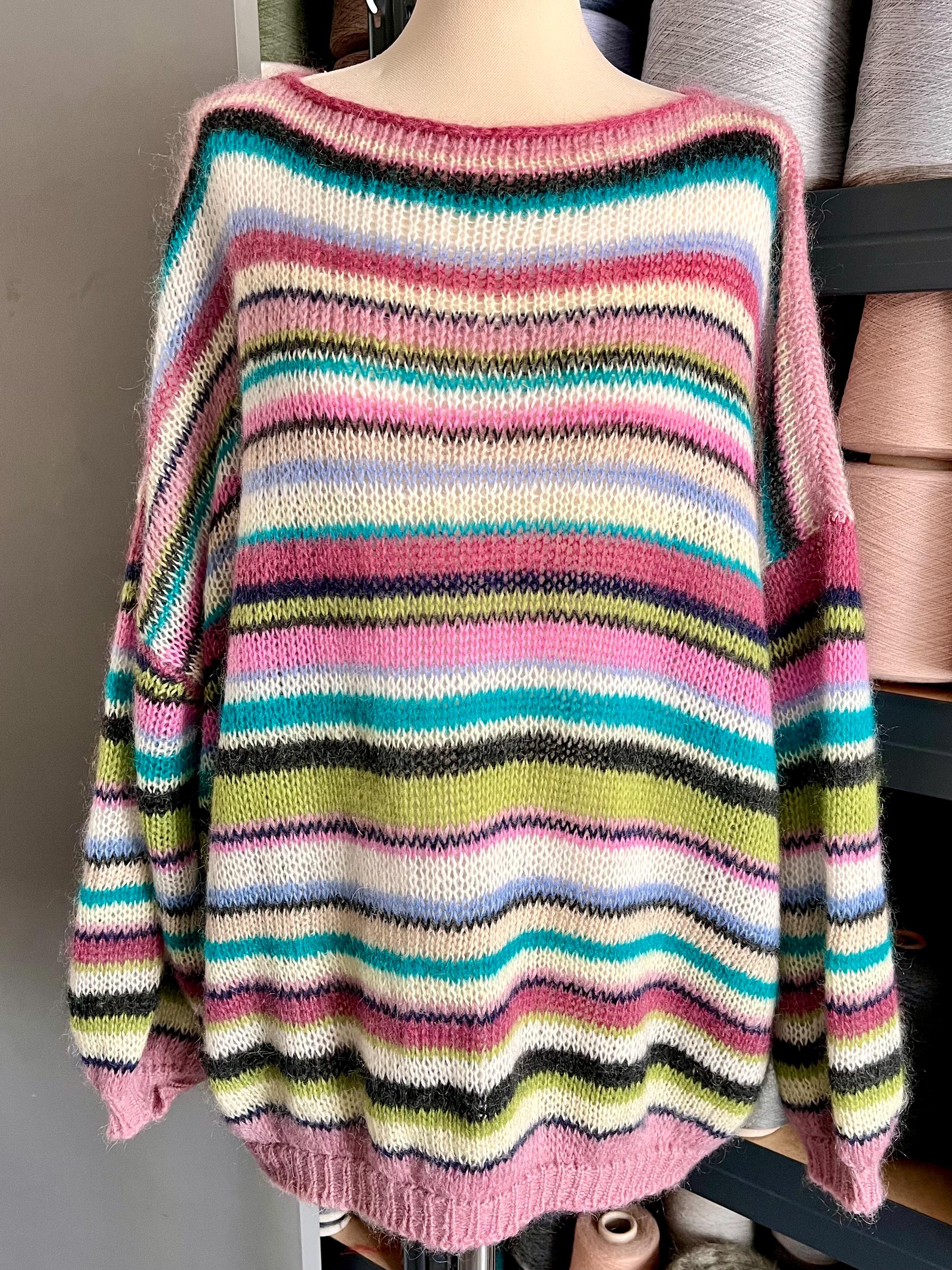 Oversized Chunky Mohair Sweater, Colorful Striped Puff Sleeve Jumper, Hand Knit Pullover, photo 4