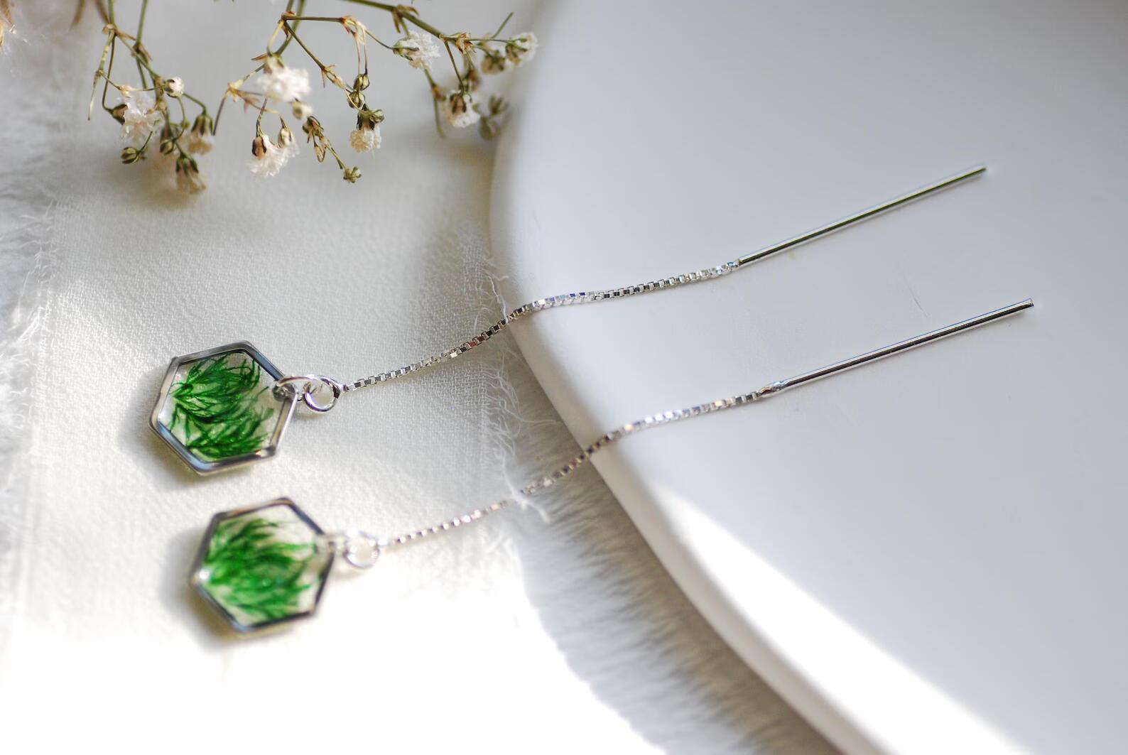 Botanical Threader Earrings - Real Moss Hexagon Chain Drops, photo 5