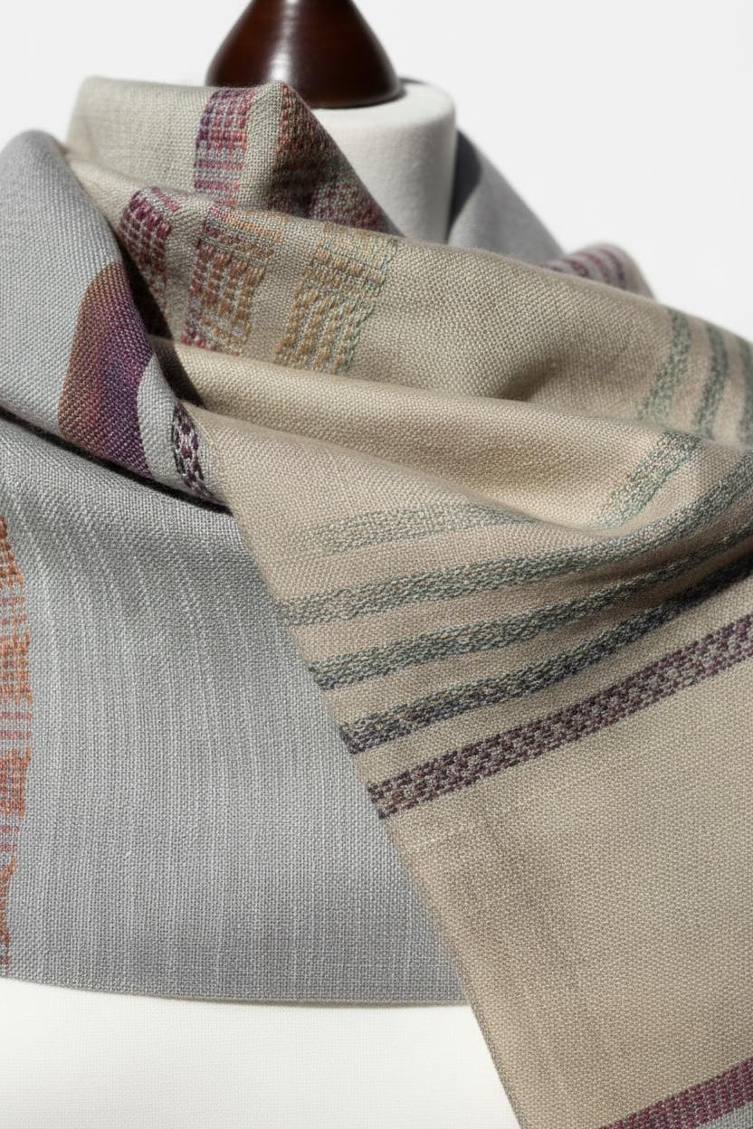 Hand-woven light grey-beige Merino scarf – Raspberry pattern – Luxury wool scarf – Elegant women's shawl, photo 6