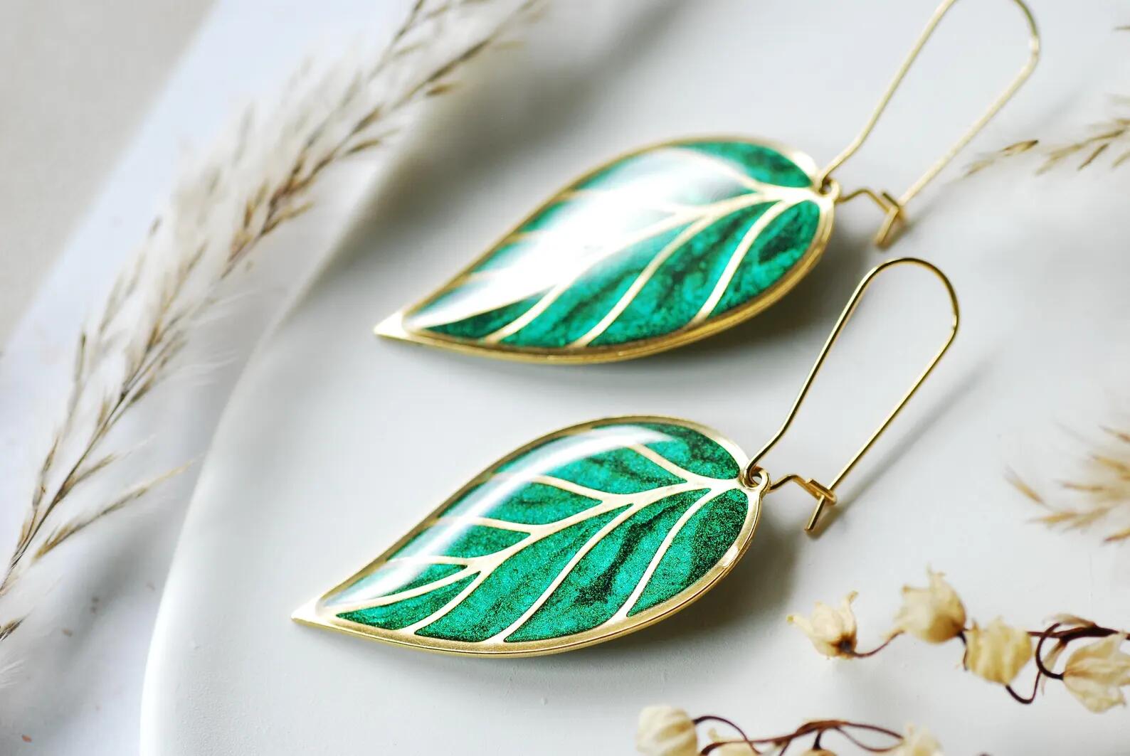 Green Leaf Earrings – Shifting Teal and Green Leaf Dangles, photo 2