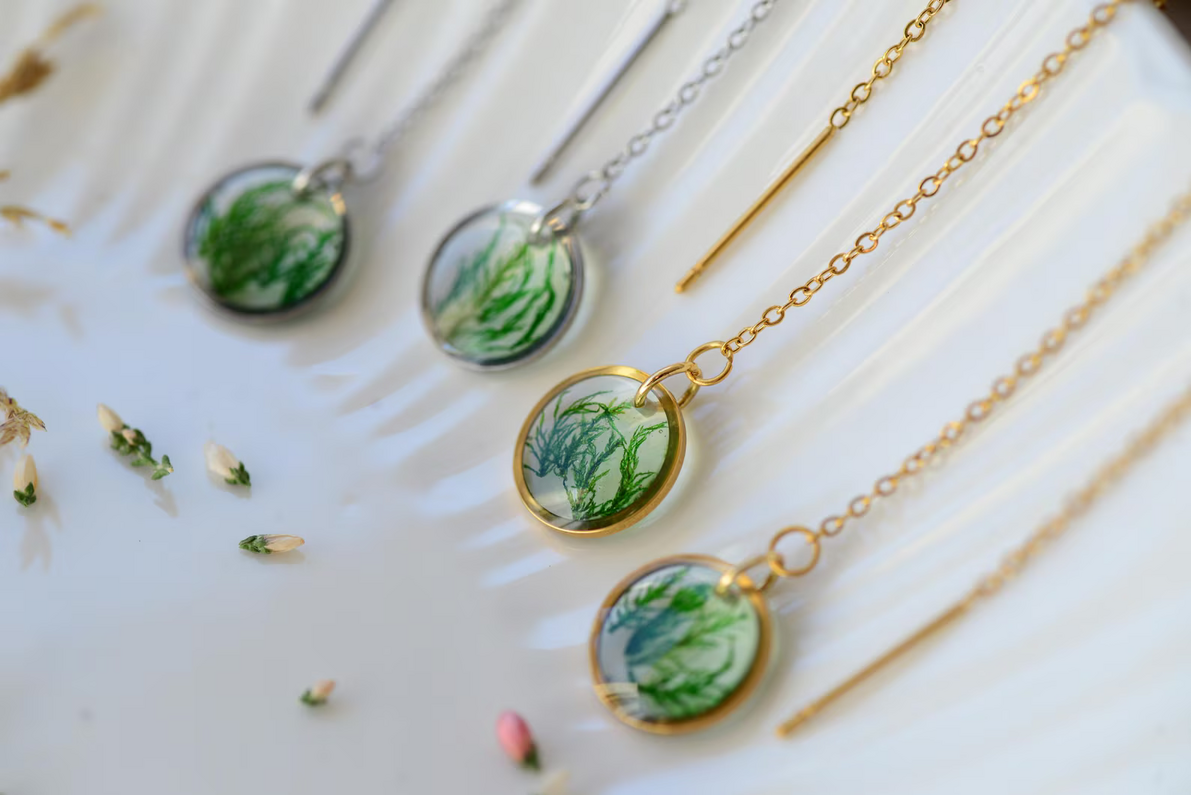 Botanical Threader Earrings - Real Moss Circular Chain Drops, photo 3