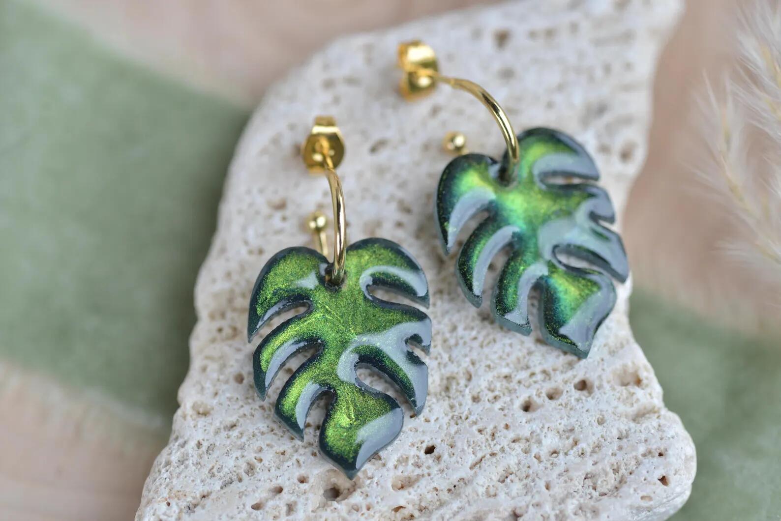 Botanical Resin Earrings - Monstera Leaf Gold Hoop Jewelry