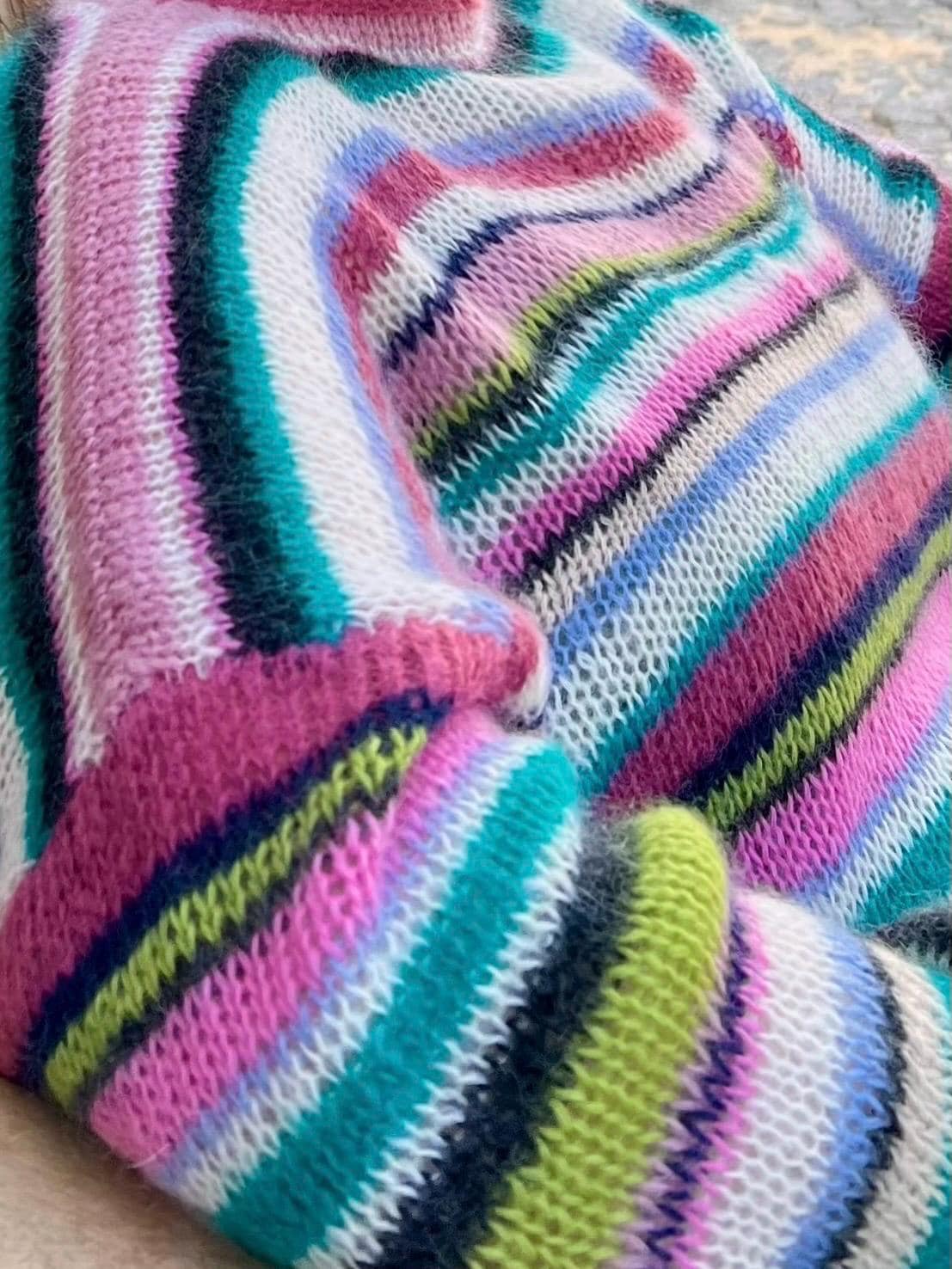 Oversized Chunky Mohair Sweater, Colorful Striped Puff Sleeve Jumper, Hand Knit Pullover, photo 3