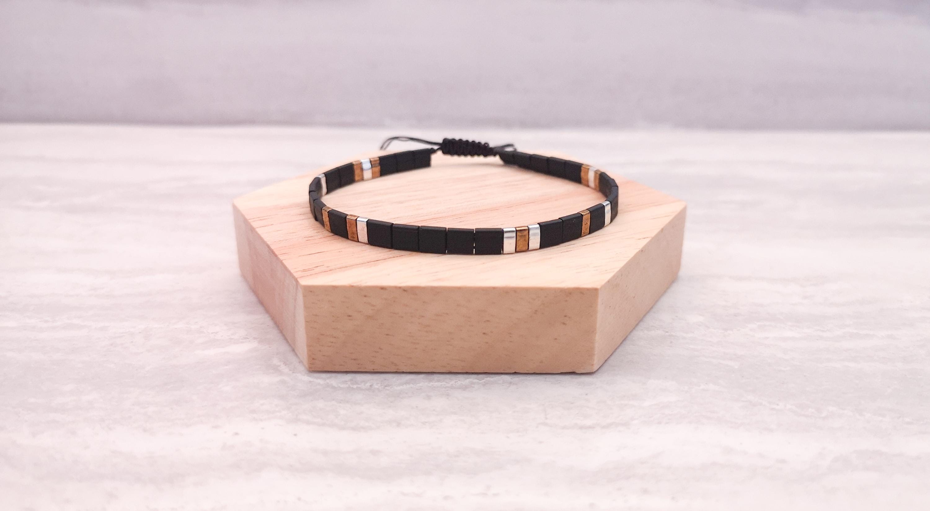 Beaded bracelet, unisex black glass beads bracelet, photo 4
