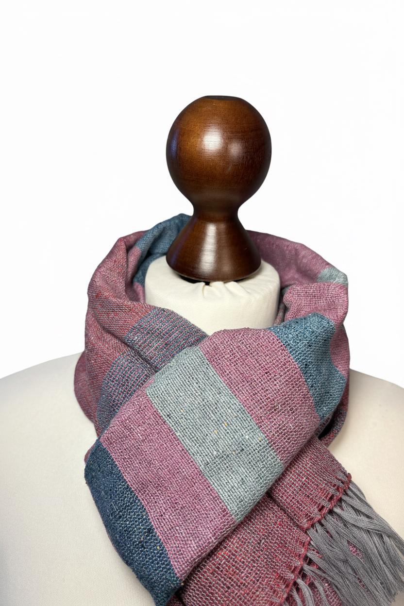 Handmade Striped Silk Scarf in Raspberry, Pink-Green Shorter Scarf, Ladies wrap, Personalized Shawl, photo 2