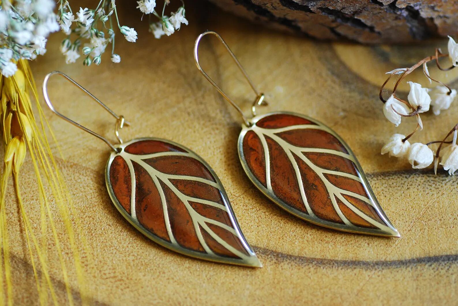 Botanical Gold Leaf Earrings - Shifting Bronze and Gold Leaf Dangles, photo 2