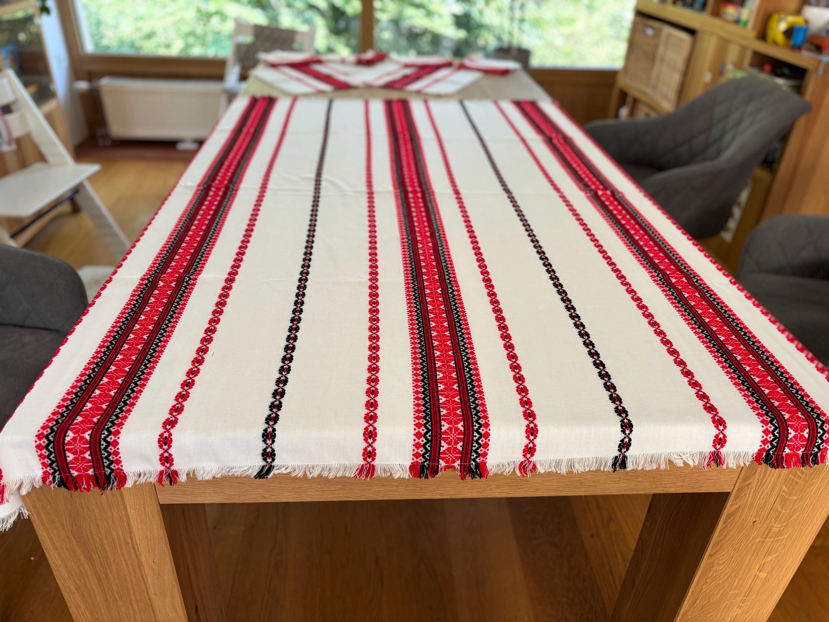 Woven Hungarian Tablecloth and Placemats Set | Red and Black Stripes, photo 4