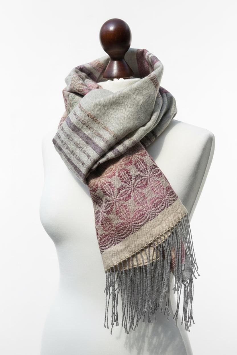 Hand-woven light grey-beige Merino scarf – Raspberry pattern – Luxury wool scarf – Elegant women's shawl