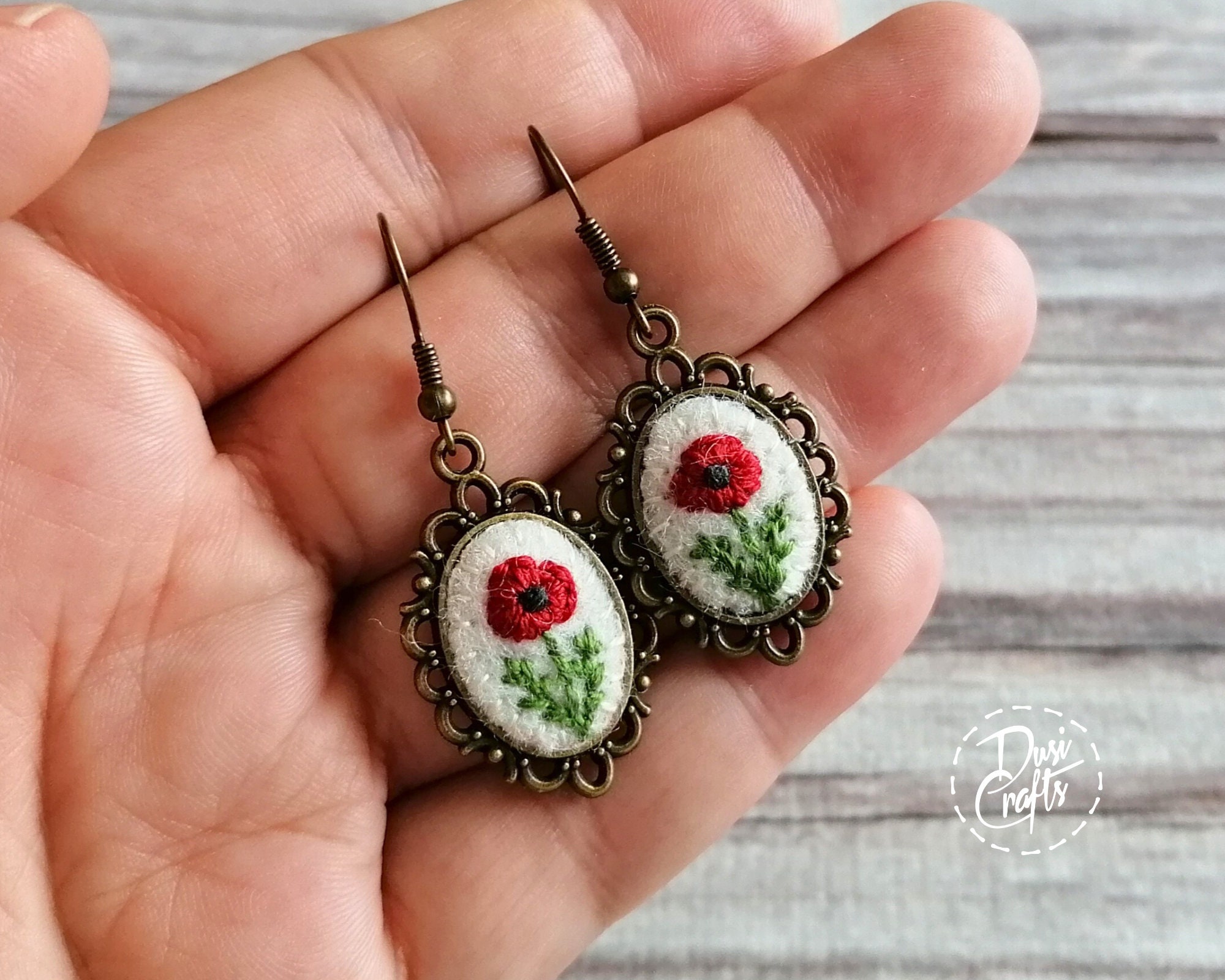 Red Poppy Earrings, Valentines day gift, Poppy Embroider Earrings, Small Dangle earrings, photo 3