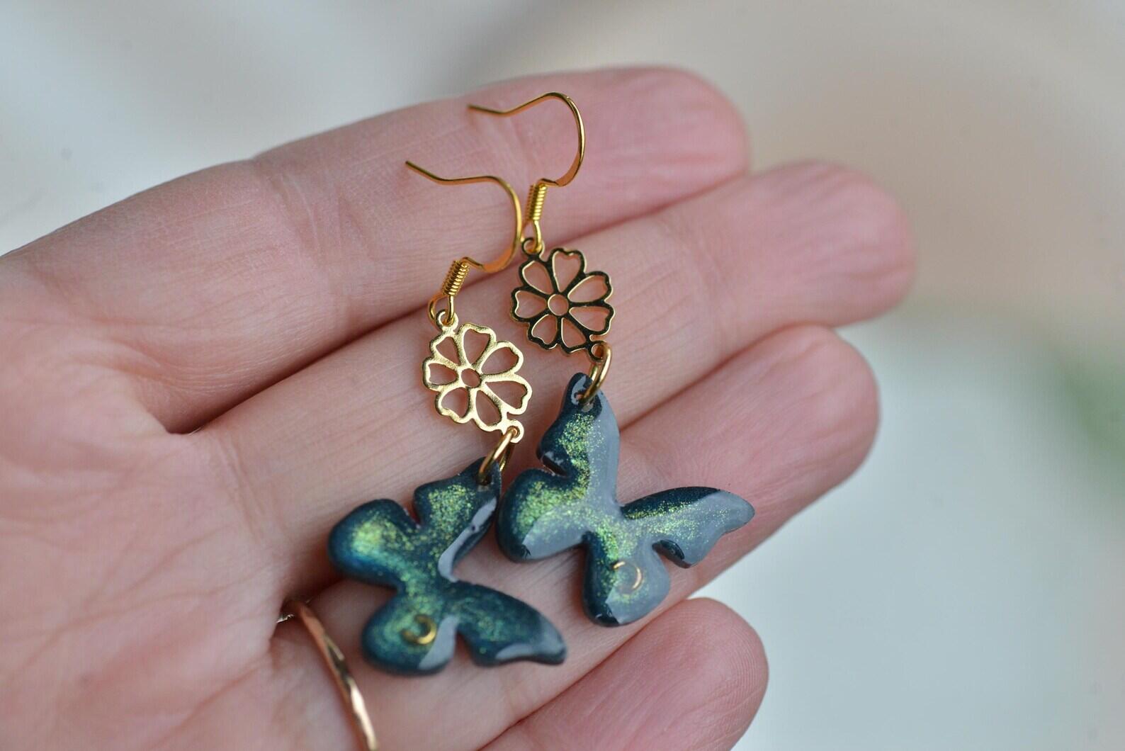 Fairytale Forest Butterfly Earrings – Iridescent Green Resin and Gold Flower Dangle Jewelry, photo 6