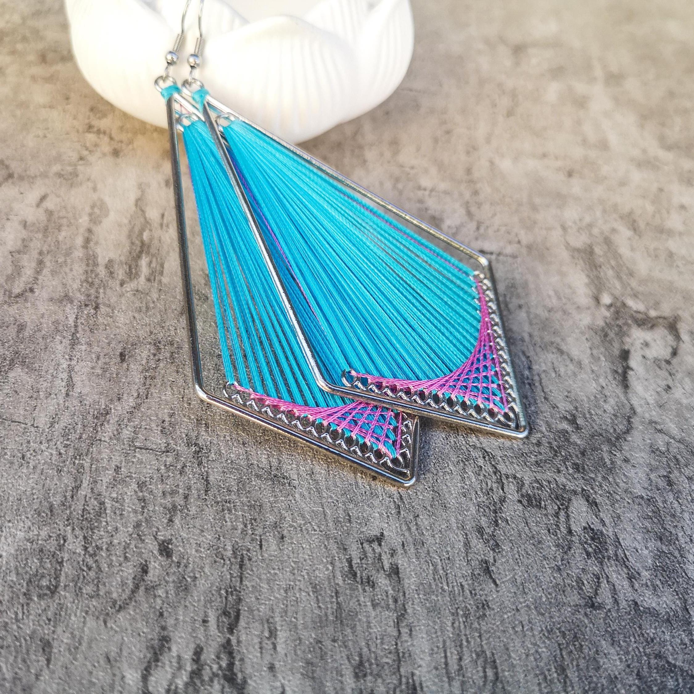Peruvian thread teardrop earrings, Blue and pink dangle earrings, photo 4
