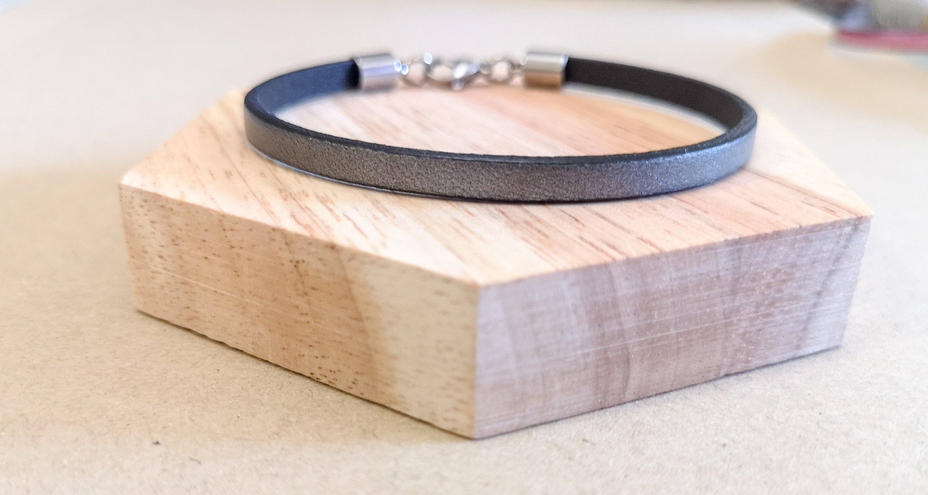 Minimalist genuine leather bracelet, dark silver wristband