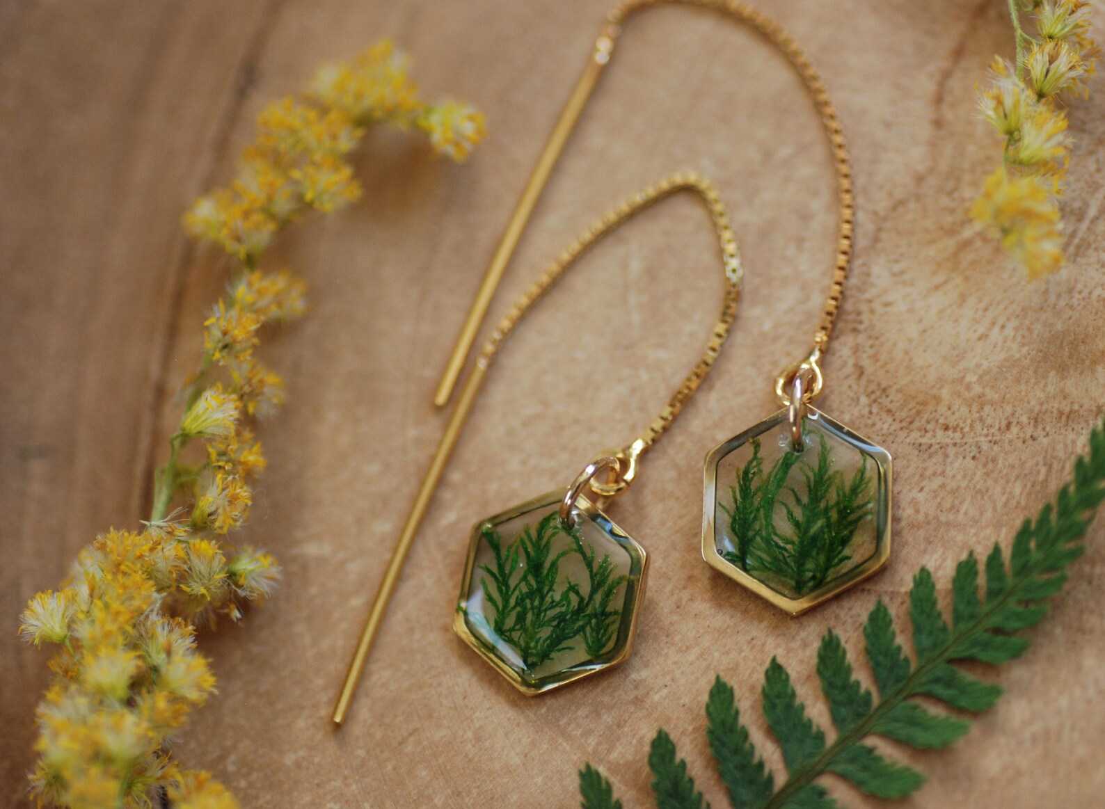 Botanical Threader Earrings - Real Moss Hexagon Chain Drops, photo 2