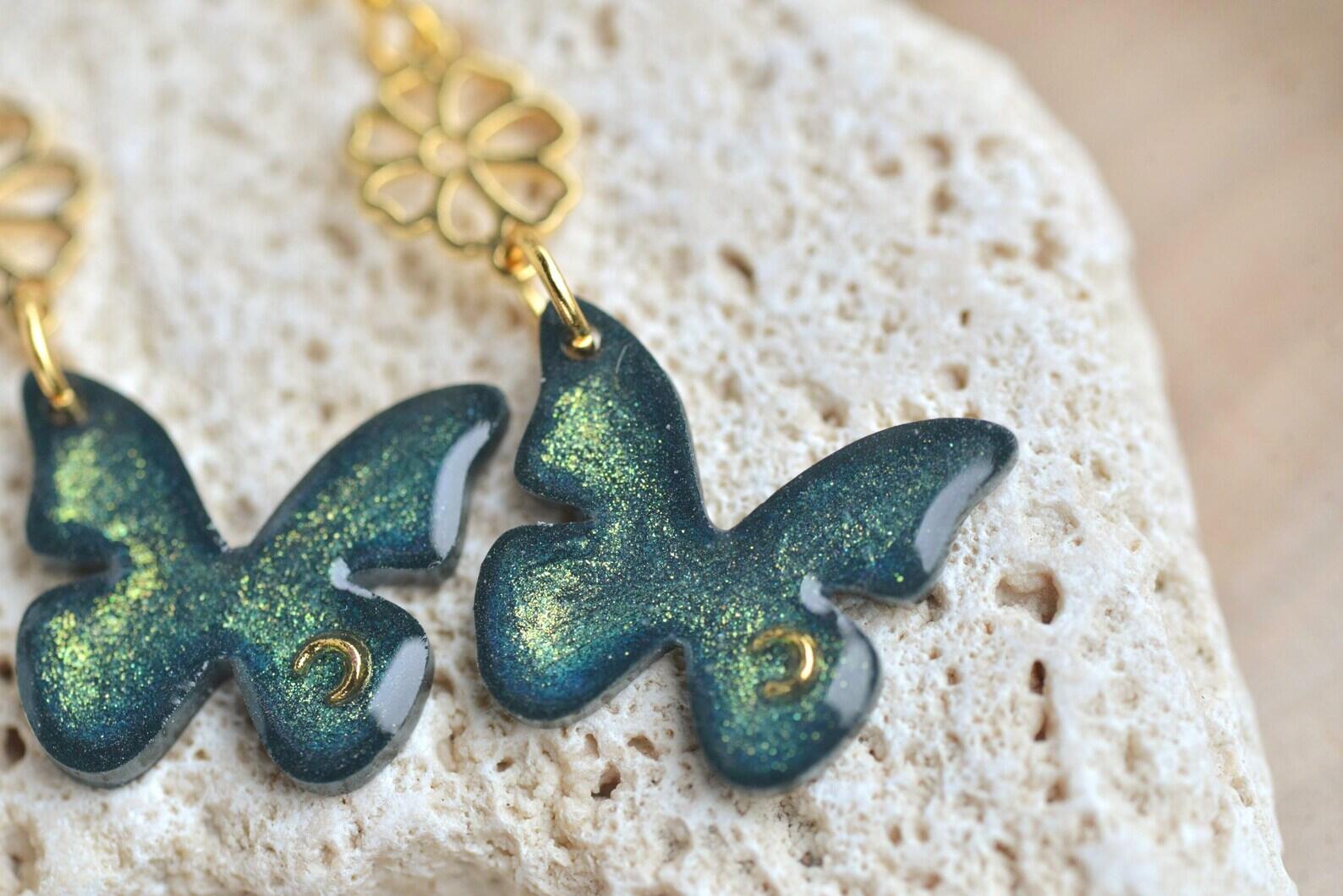 Fairytale Forest Butterfly Earrings – Iridescent Green Resin and Gold Flower Dangle Jewelry, photo 5