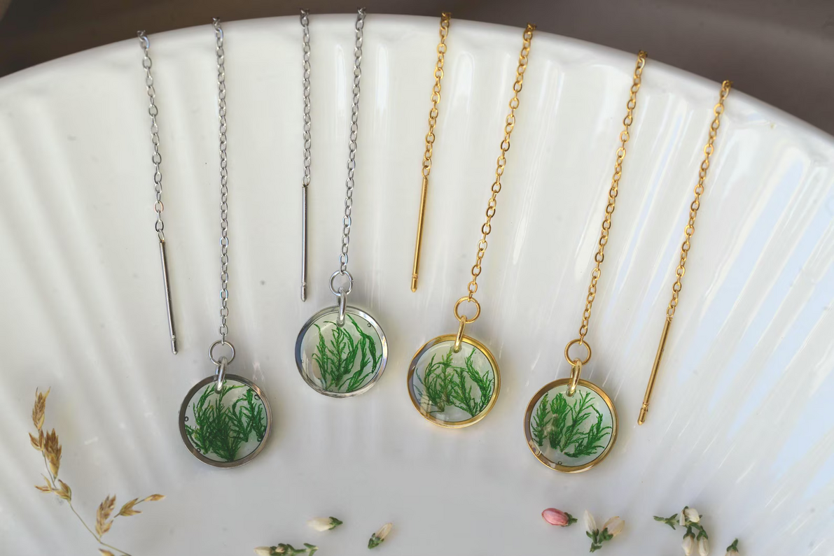 Botanical Threader Earrings - Real Moss Circular Chain Drops