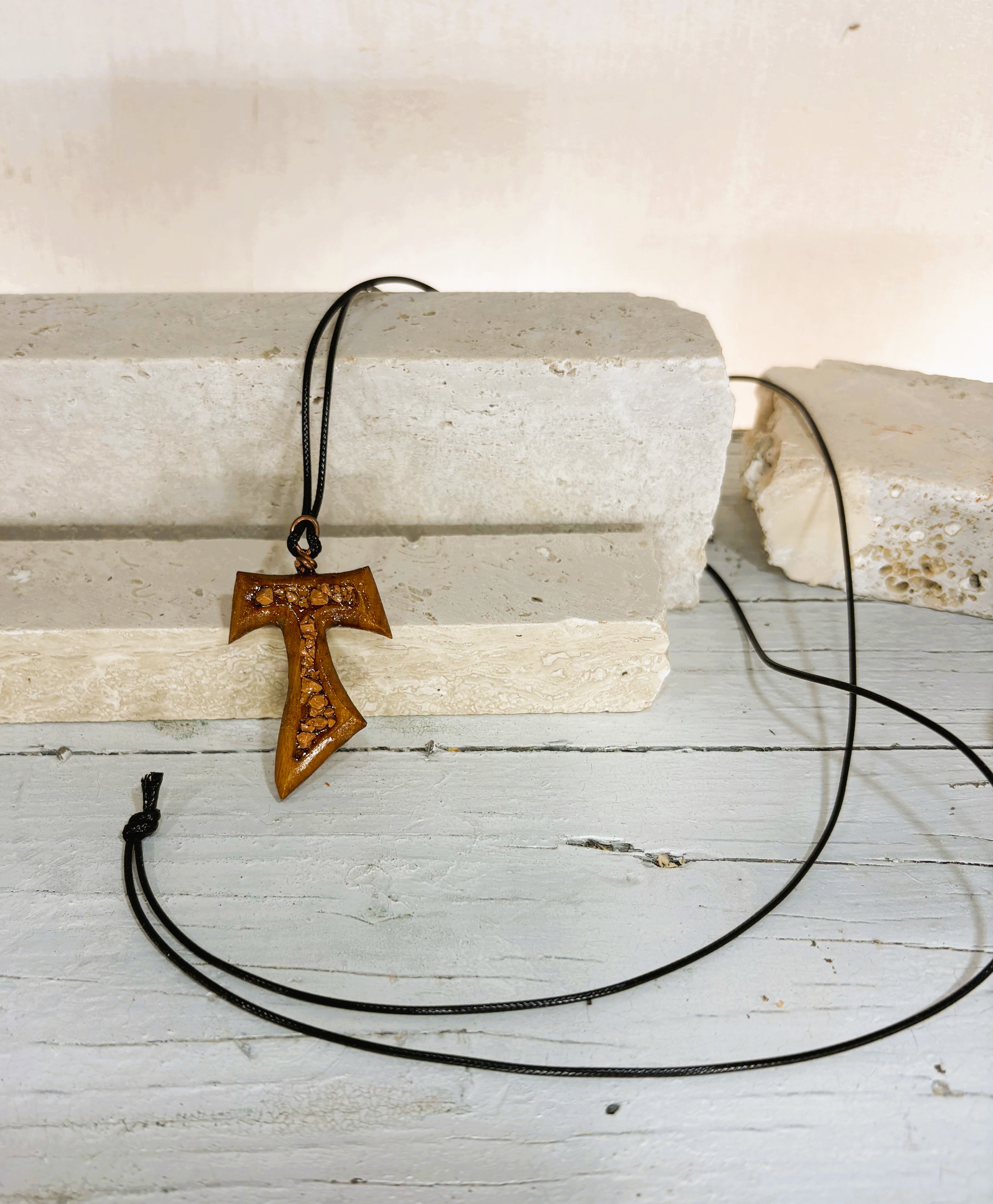 Tau Cross of St. Francis of Assisi olive wood and stone Necklace Pendant, photo 2