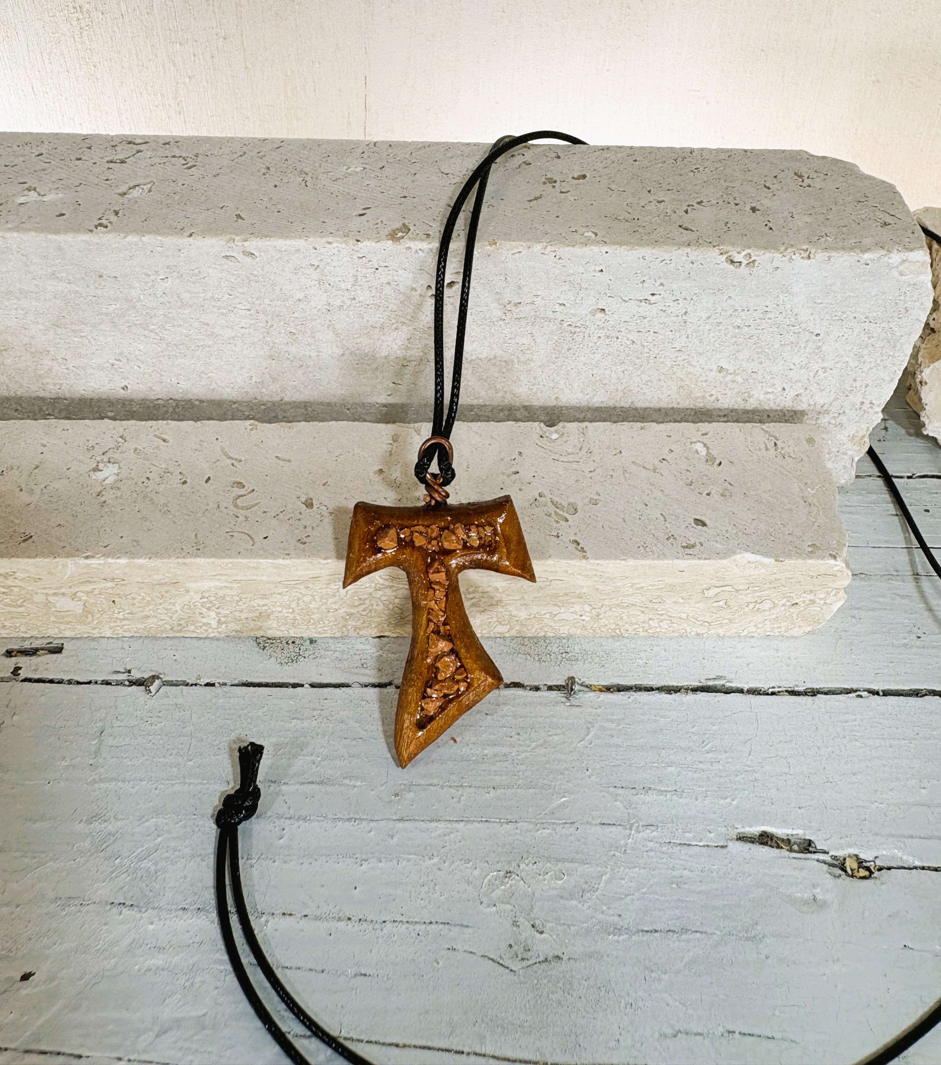 Tau Cross of St. Francis of Assisi olive wood and stone Necklace Pendant, photo 3
