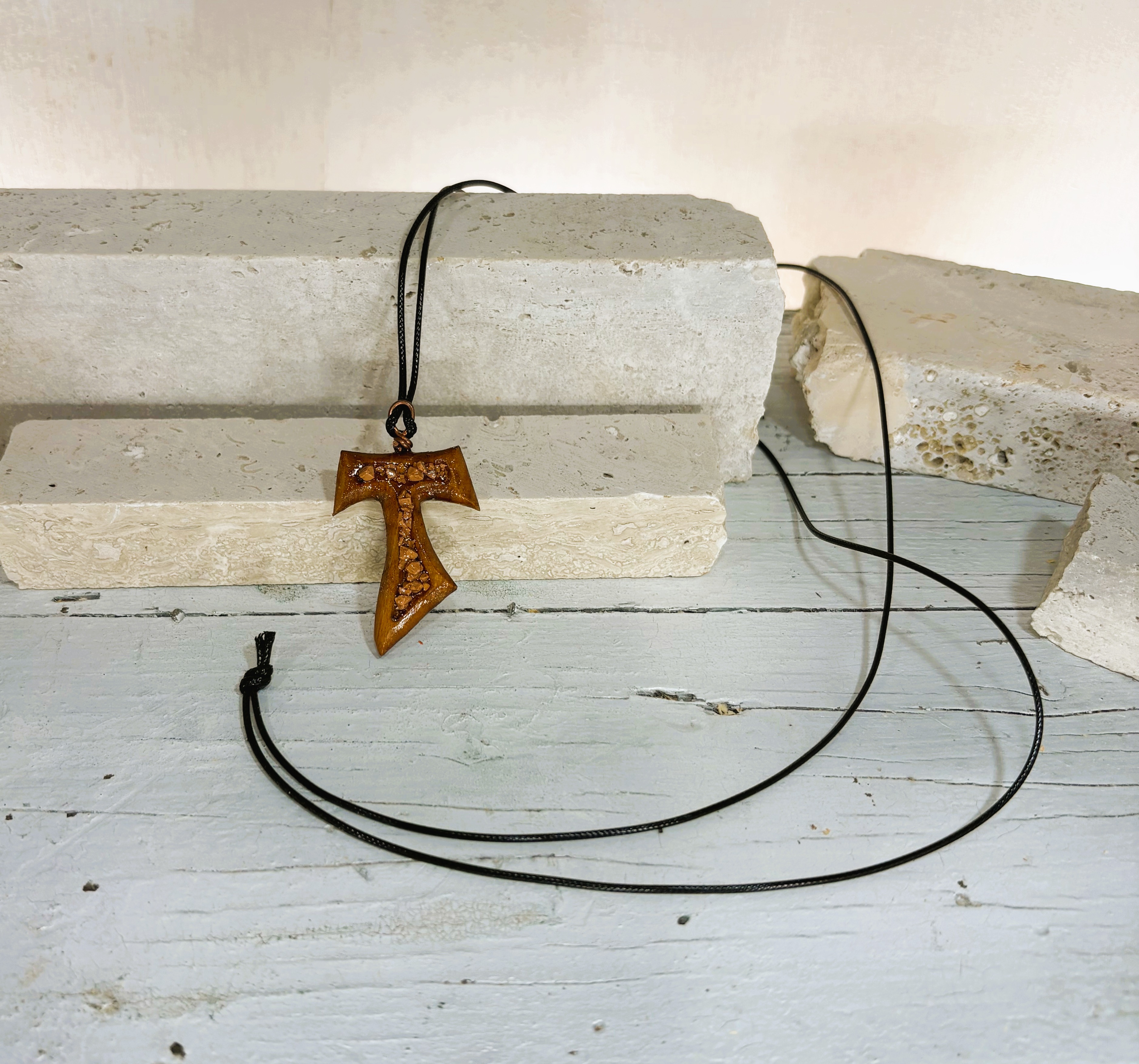 Tau Cross of St. Francis of Assisi olive wood and stone Necklace Pendant, photo 5