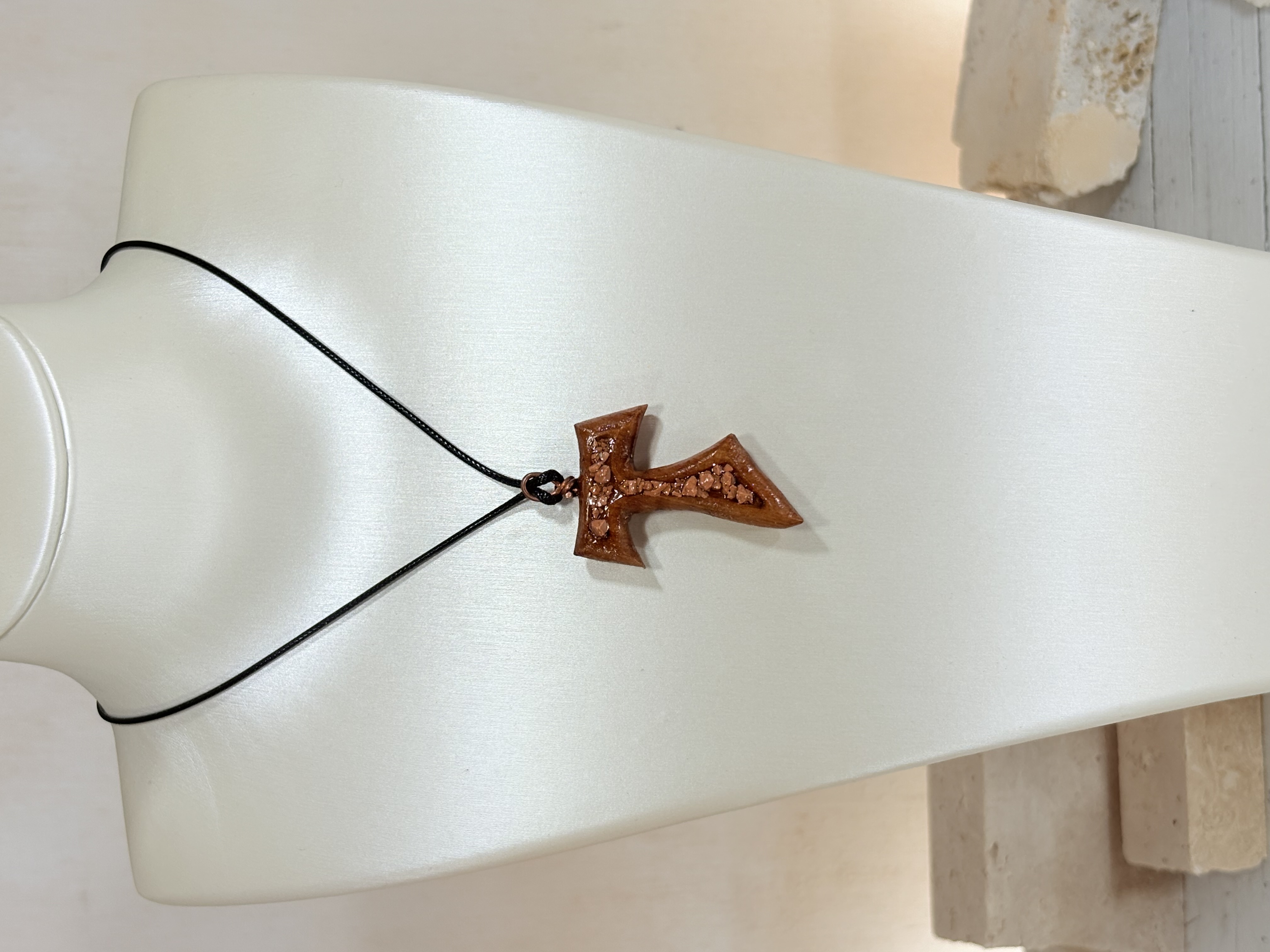 Tau Cross of St. Francis of Assisi olive wood and stone Necklace Pendant, photo 4