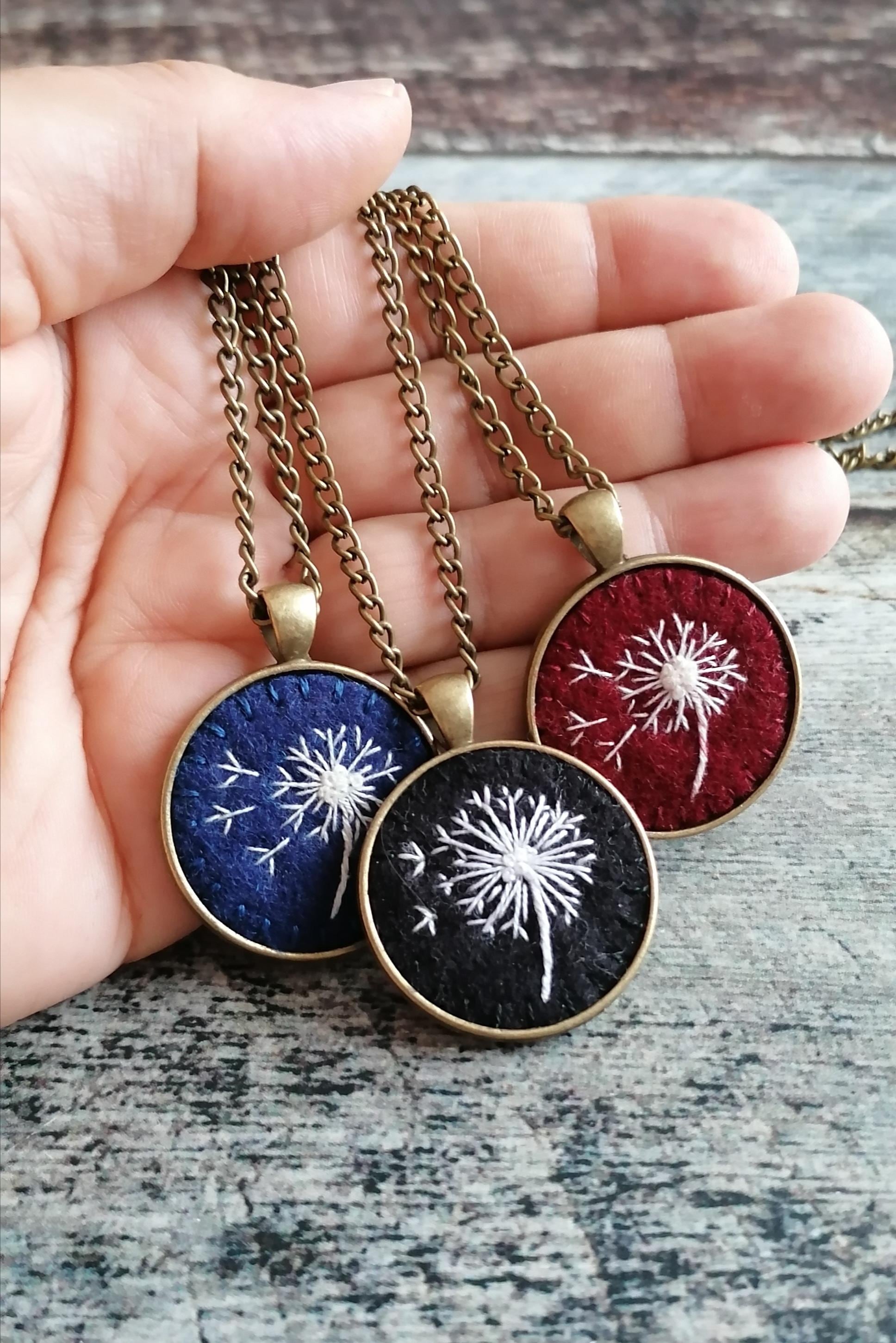 Hand Embroidered Dandelion Necklace, Black white color antique style Pendant