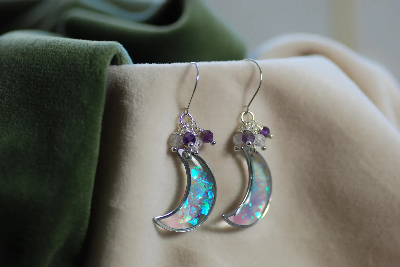 Celestial Moon Earrings - Amethyst And Zircon Crystal Silver Crescent Drops, photo 3