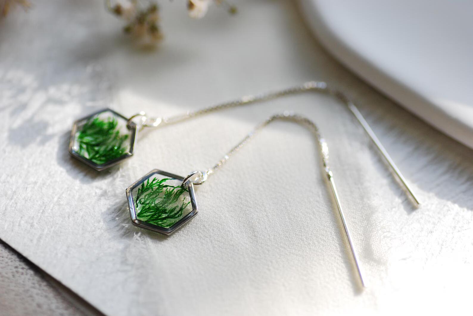 Botanical Threader Earrings - Real Moss Hexagon Chain Drops, photo 6