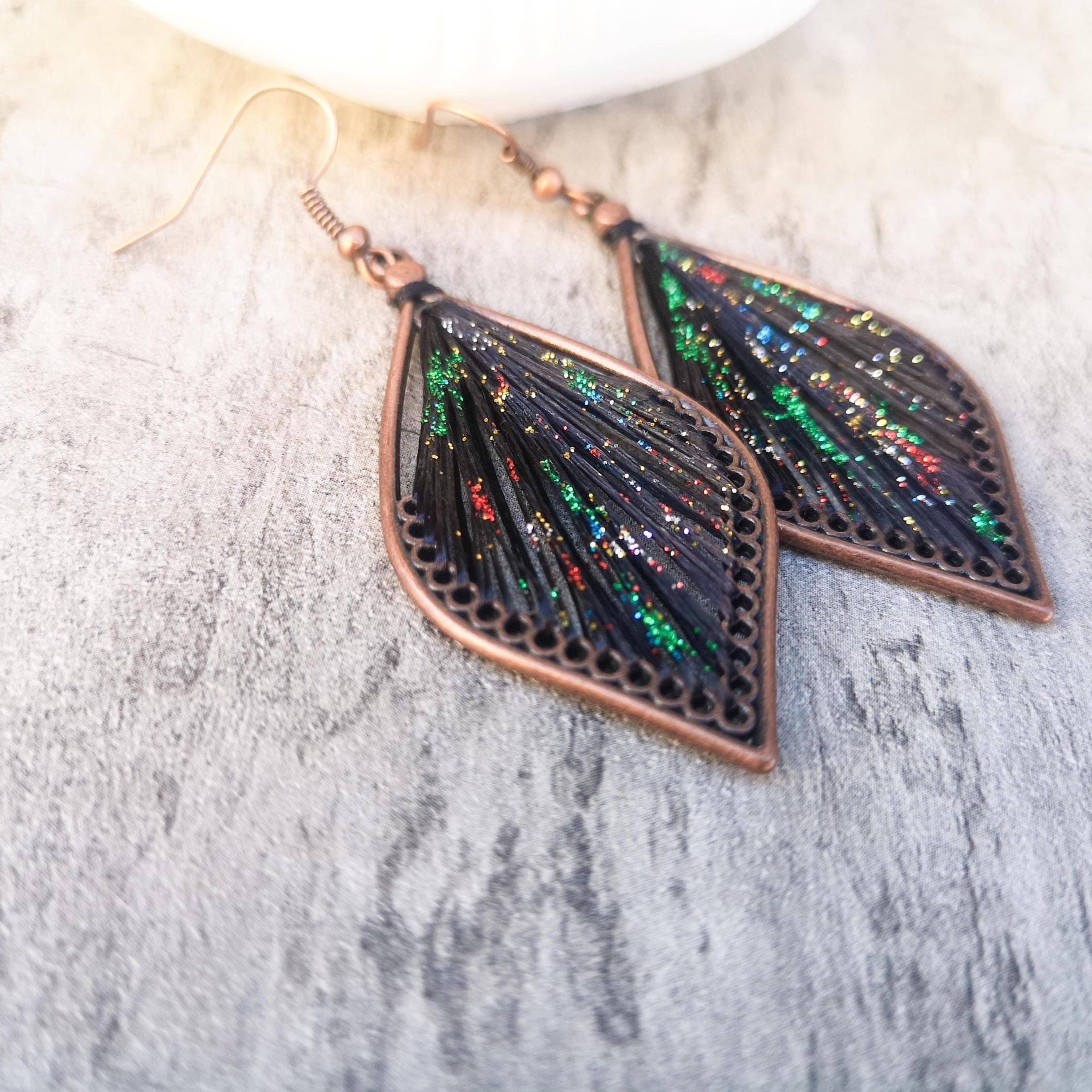 Peruvian thread teardrop earrings, Black with glitter dangle earrings