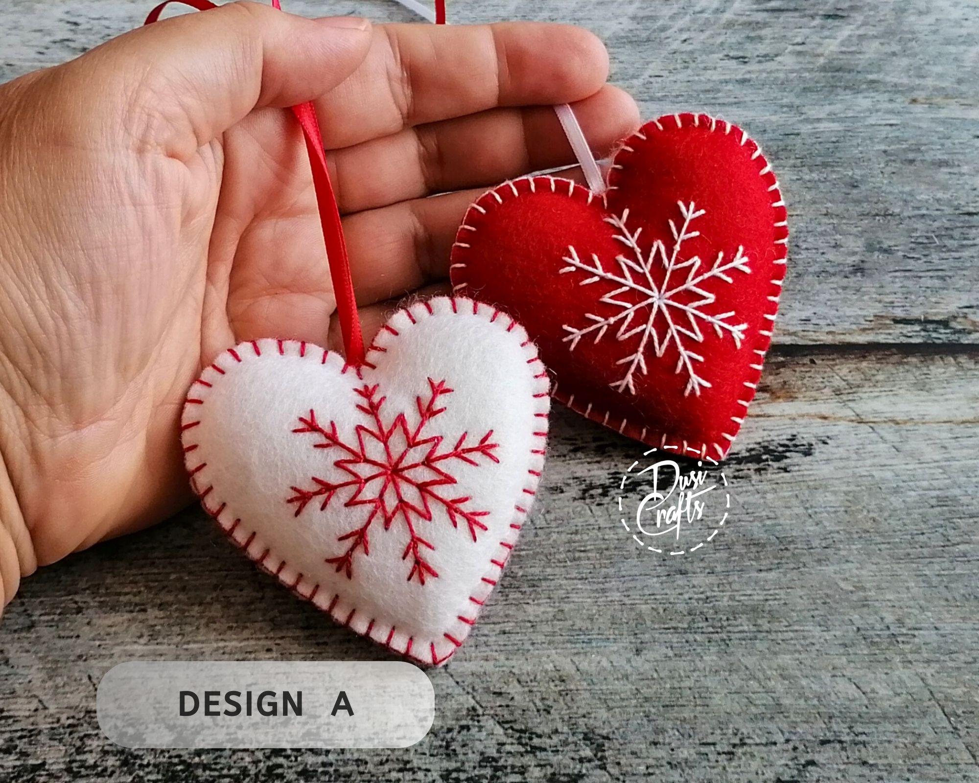 Set of 2  Felt Heart Christmas ornaments, white and red snowflake embroidery, photo 2