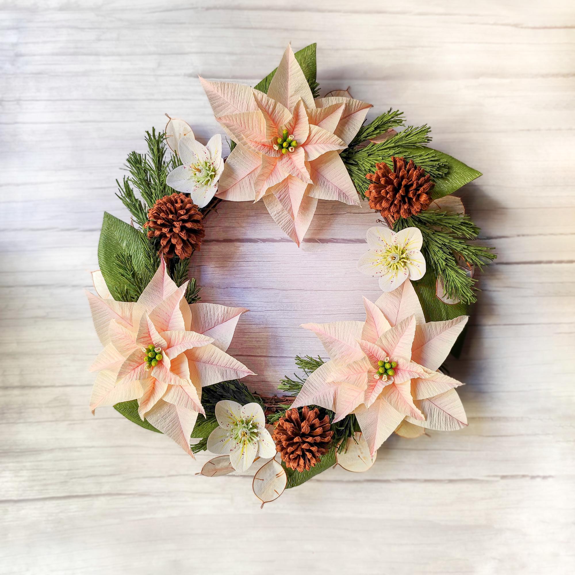 Handmade crepe paper poinsettia wreath, rustic Christmas holiday decor for home, photo 5