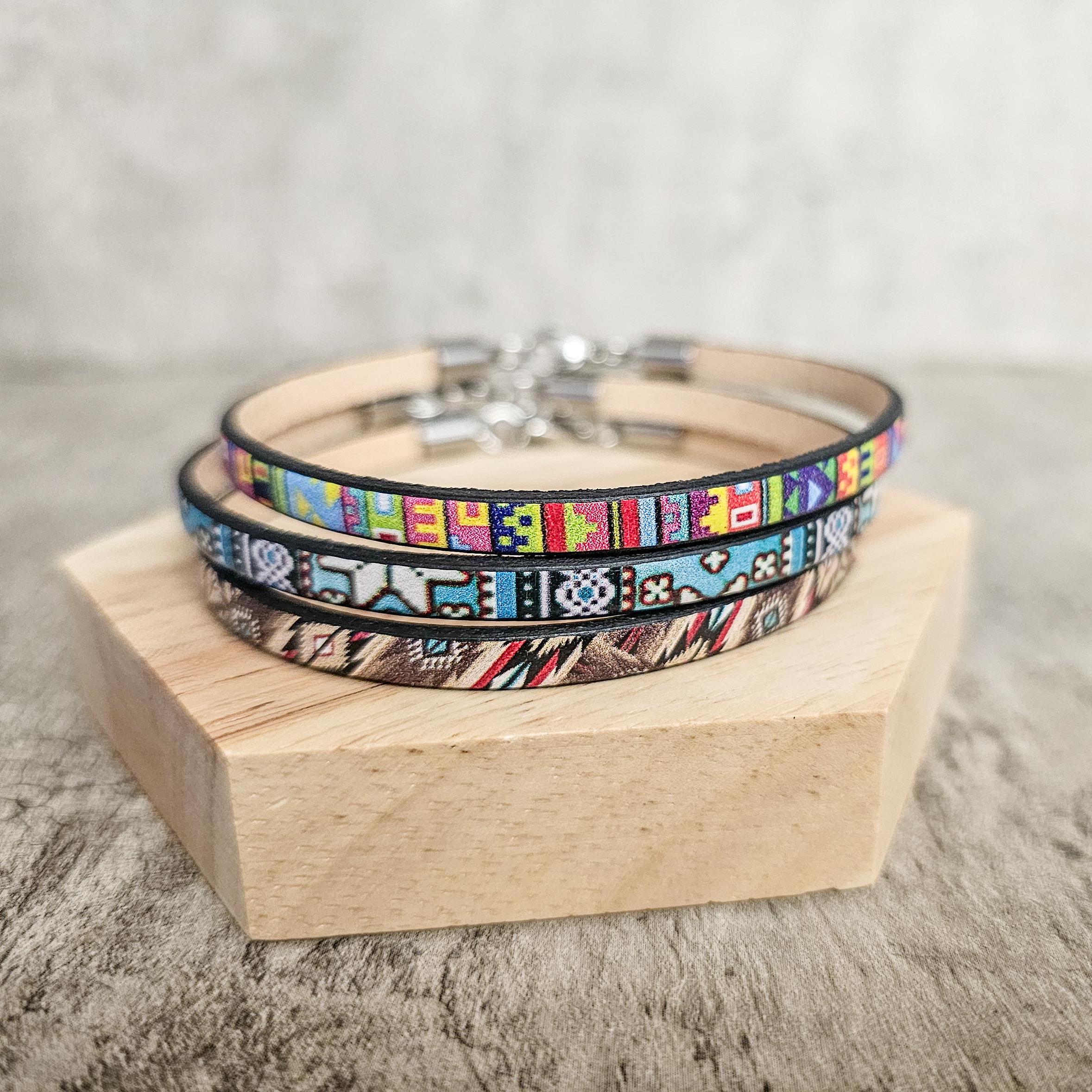 Lot of 3 leather bracelet, tribal pattern wristband
