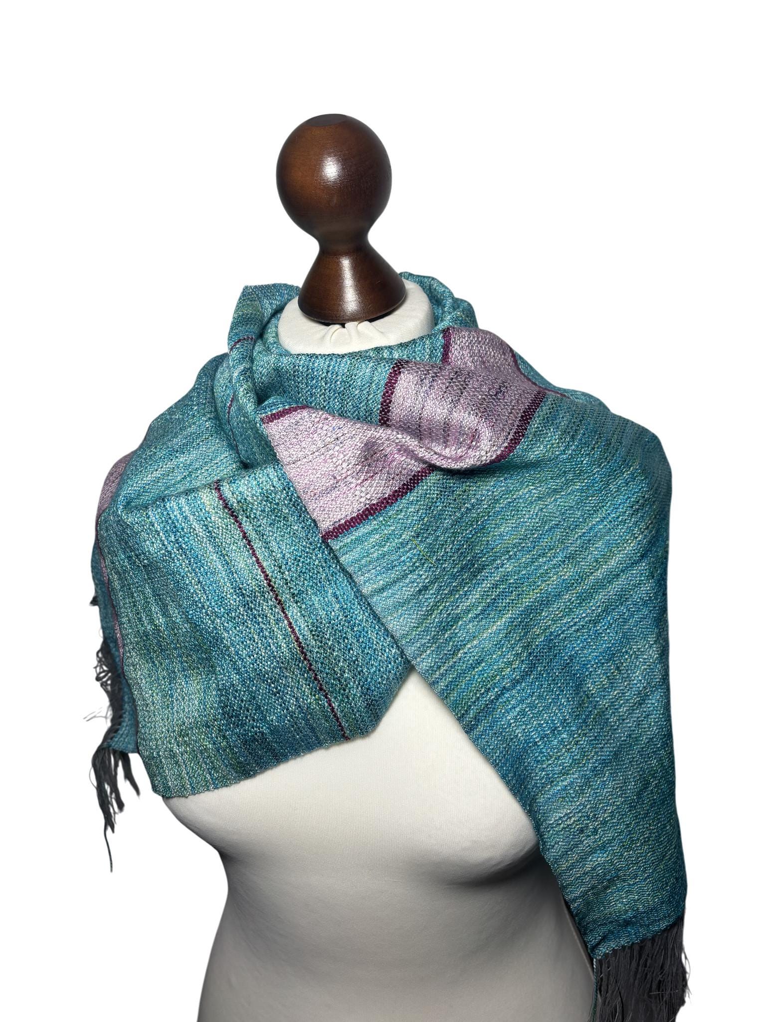 Asymmetrical Turquoise Shawl with Purple Inlay Stripes – Unique Hand-Dyed Warm Short Scarf, Monogram Customizable, photo 6