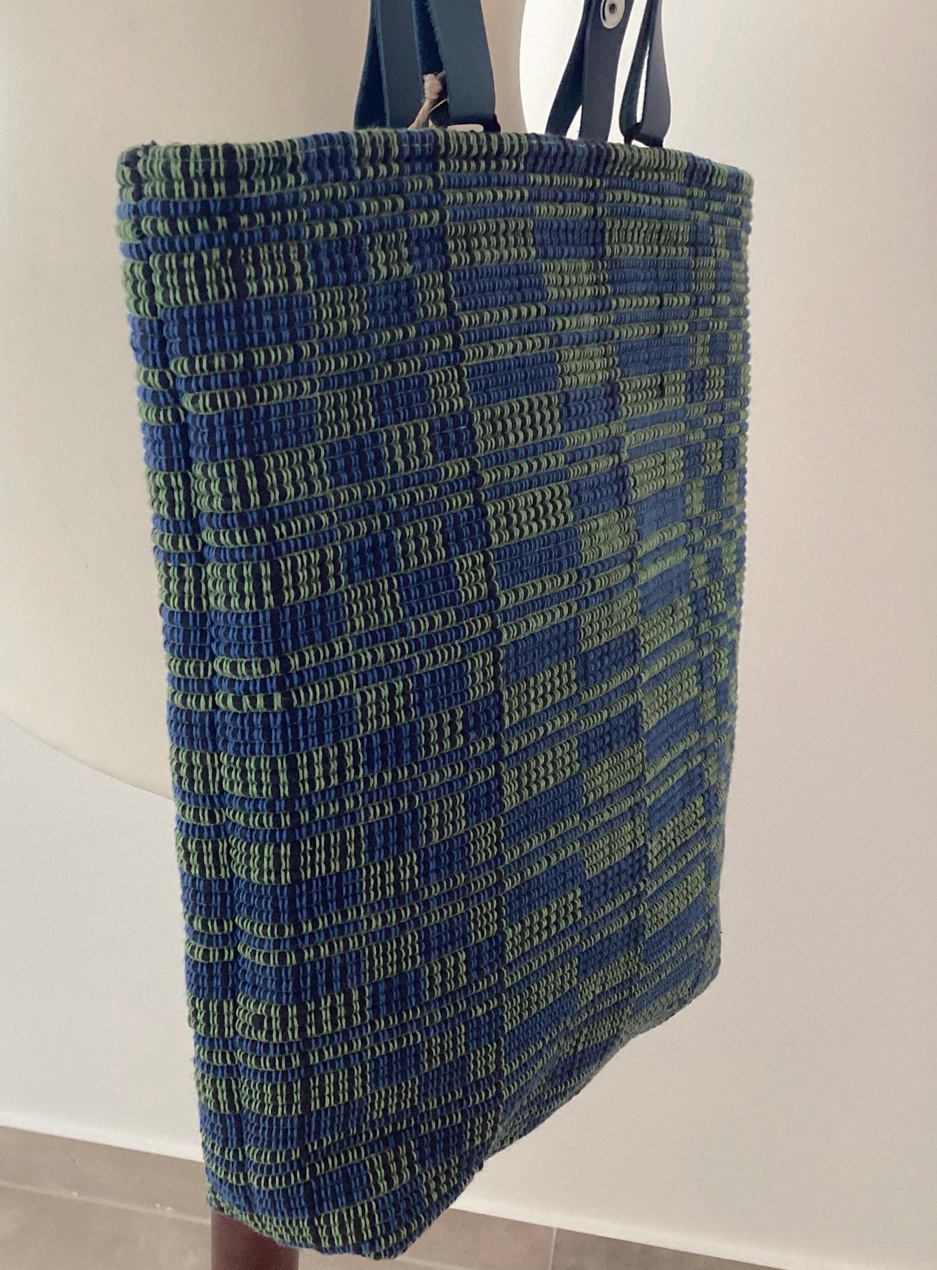 Handwoven Cotton Tote Bag: Blue Green Checkered Shopper with Leather Handles, Personalized Tote, photo 5
