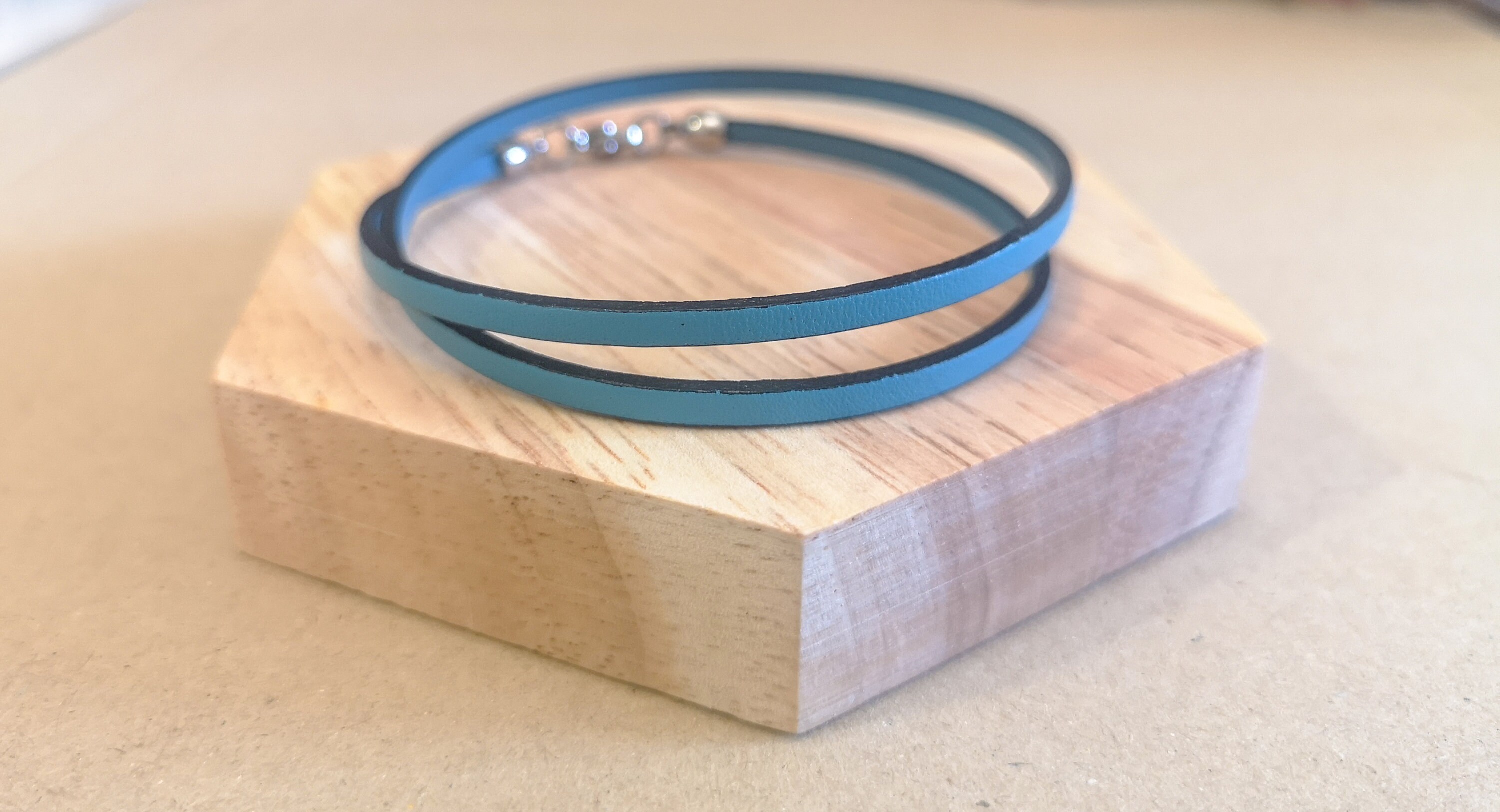 Turquoise genuine leather bracelet, double wrap wristband, photo 3