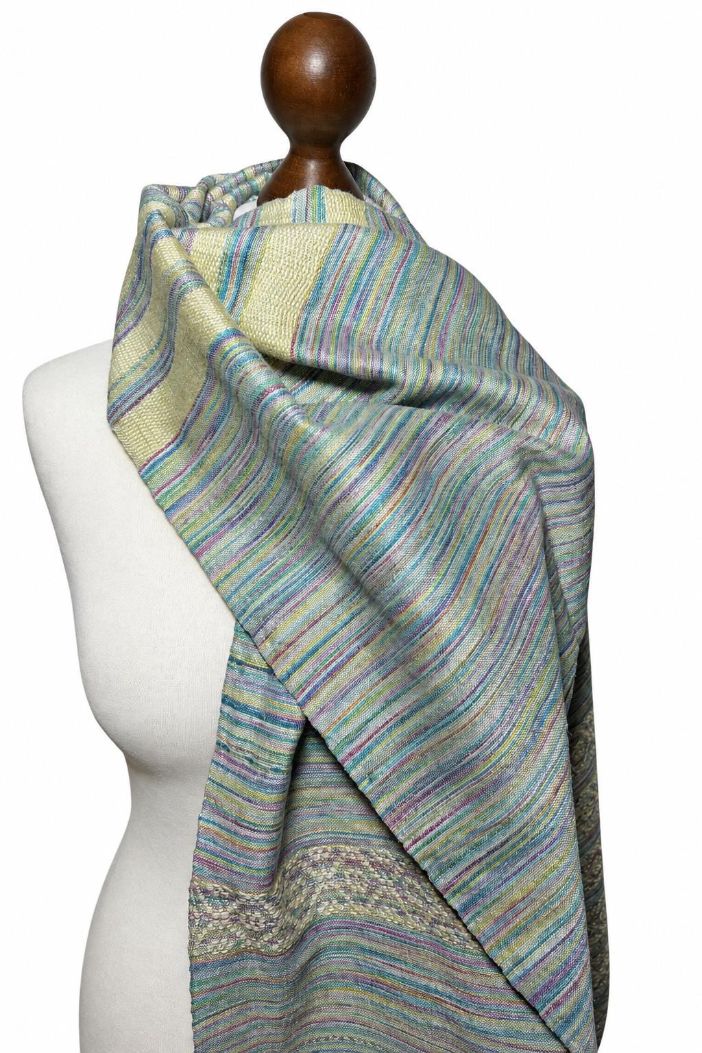 Handwoven Silk Scarf: Green Blue Yellow Floral Shawl Wrap, photo 2