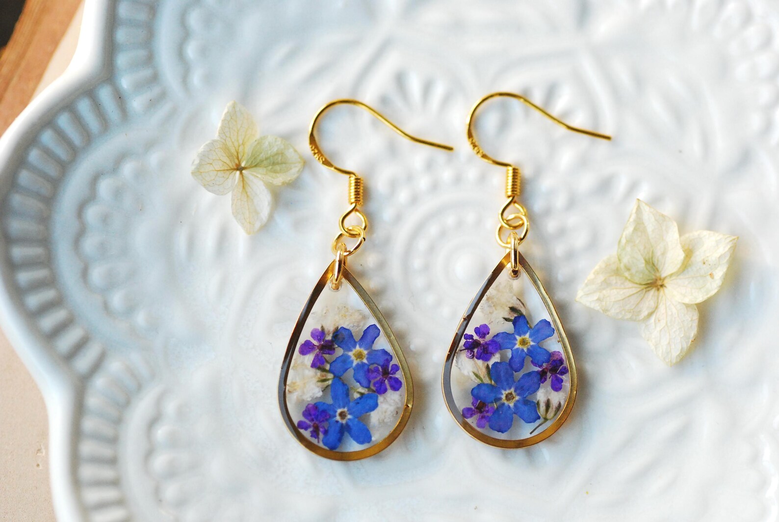 Blue Forget me Not Teardrop Earrings with Baby's Breath Pressed Flowers