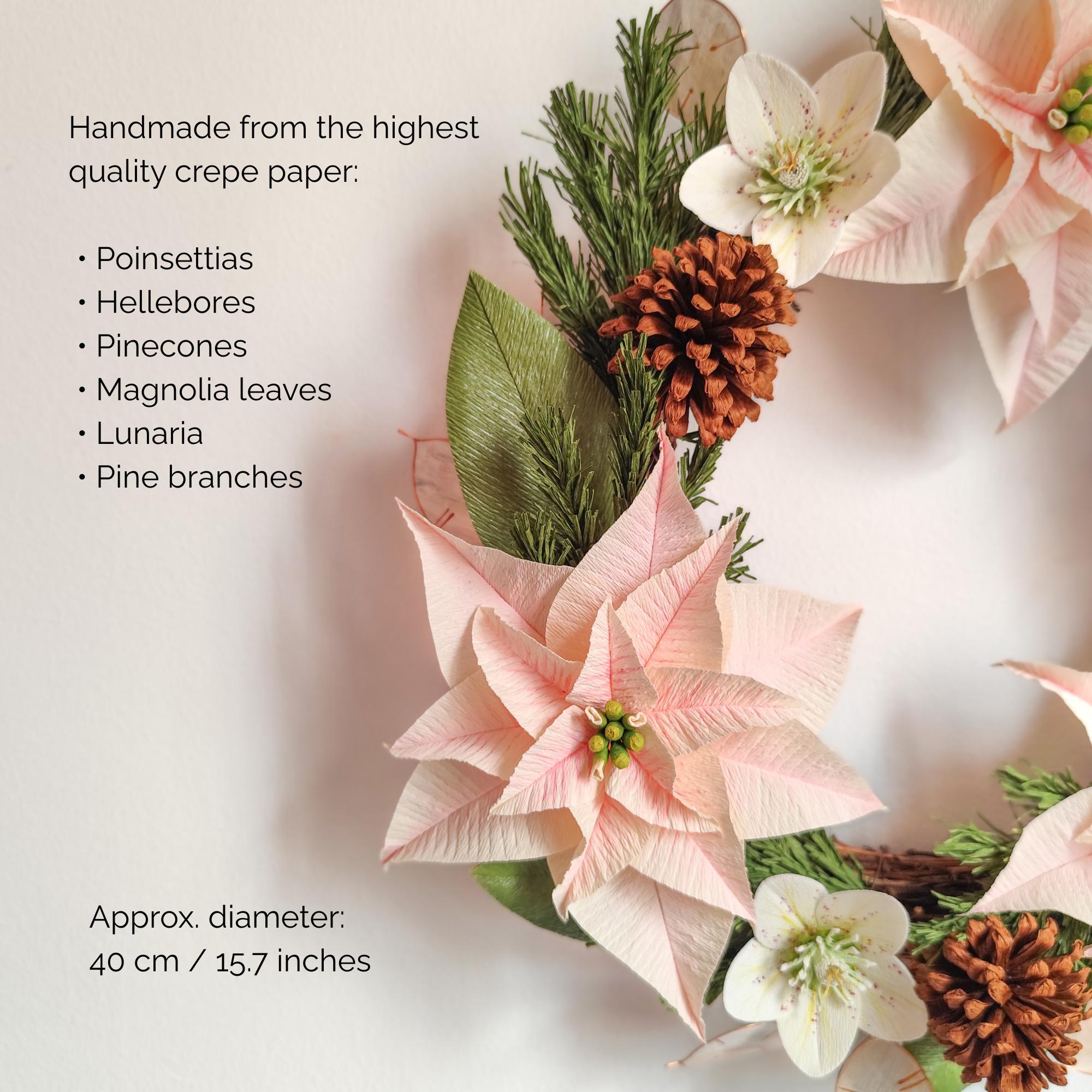 Handmade crepe paper poinsettia wreath, rustic Christmas holiday decor for home, photo 4