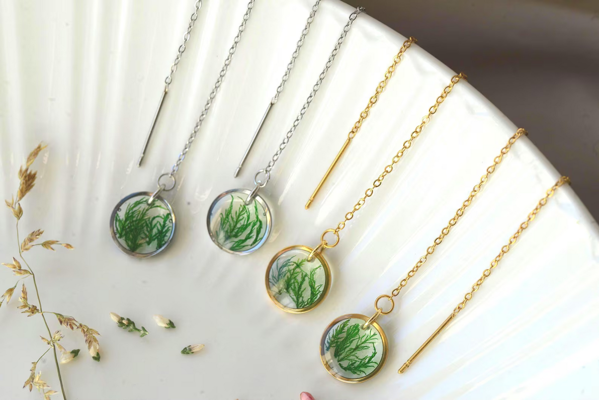 Botanical Threader Earrings - Real Moss Circular Chain Drops, photo 6