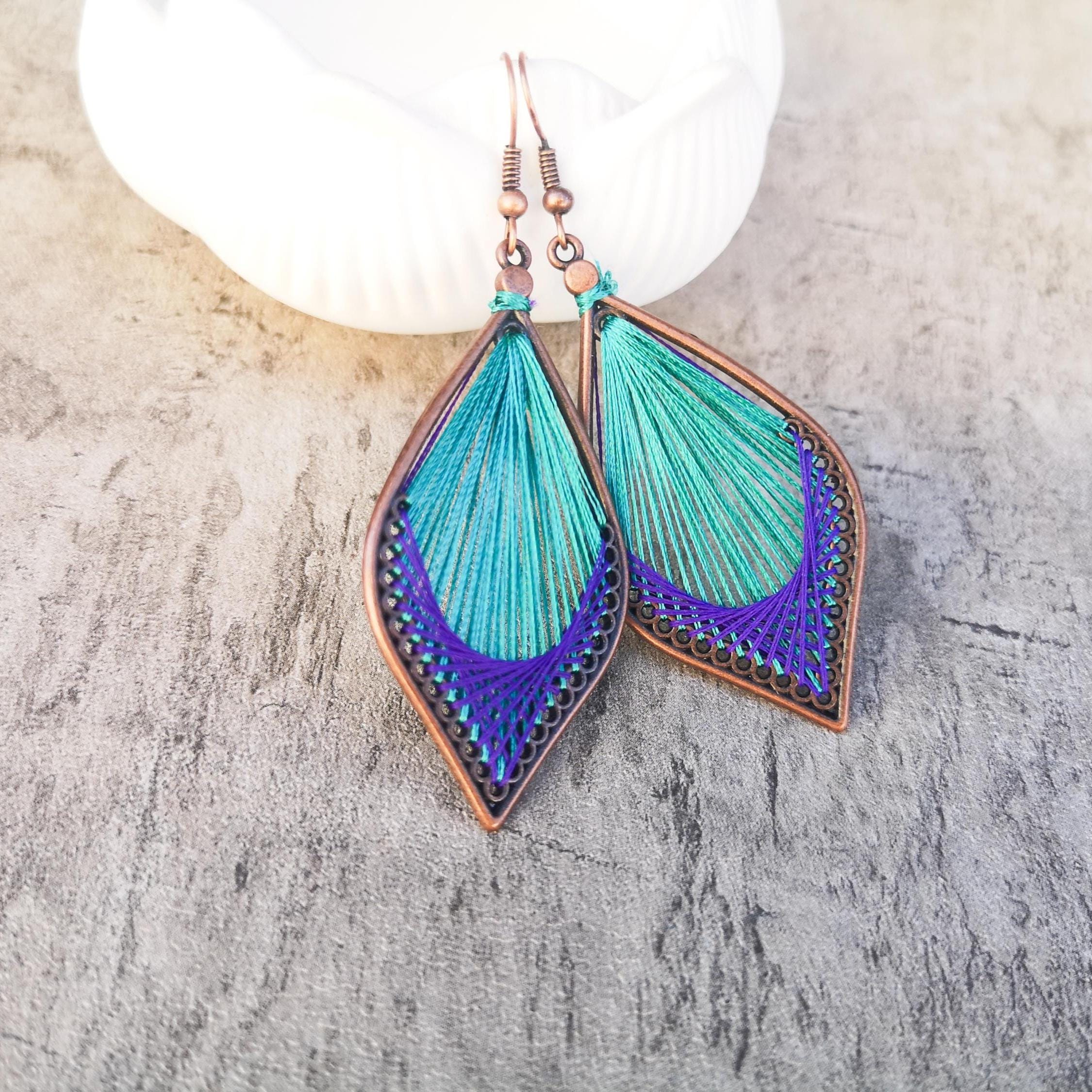 Peruvian thread teardrop earrings, Teal and purple  dangle earrings, photo 3