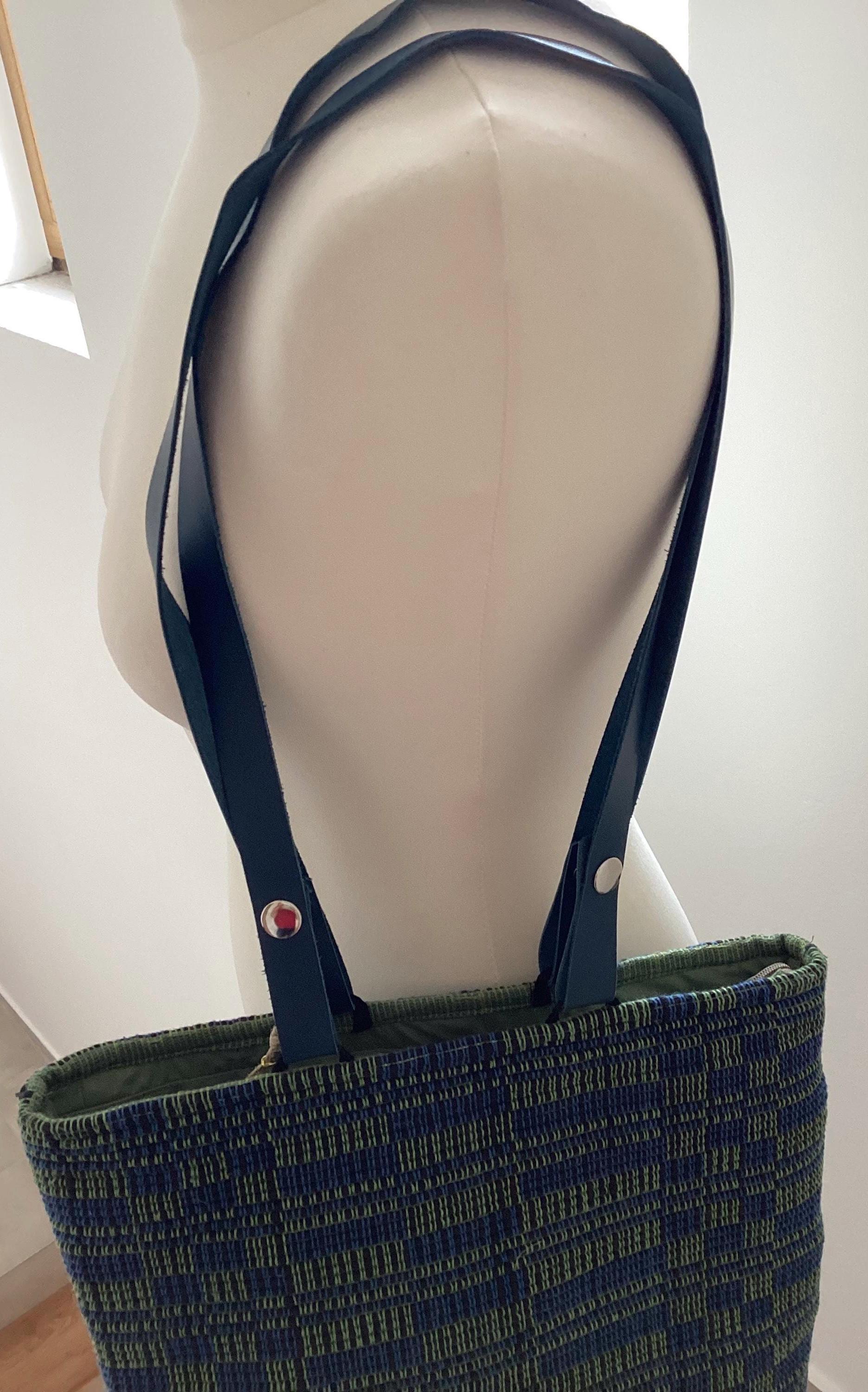 Handwoven Cotton Tote Bag: Blue Green Checkered Shopper with Leather Handles, Personalized Tote, photo 6