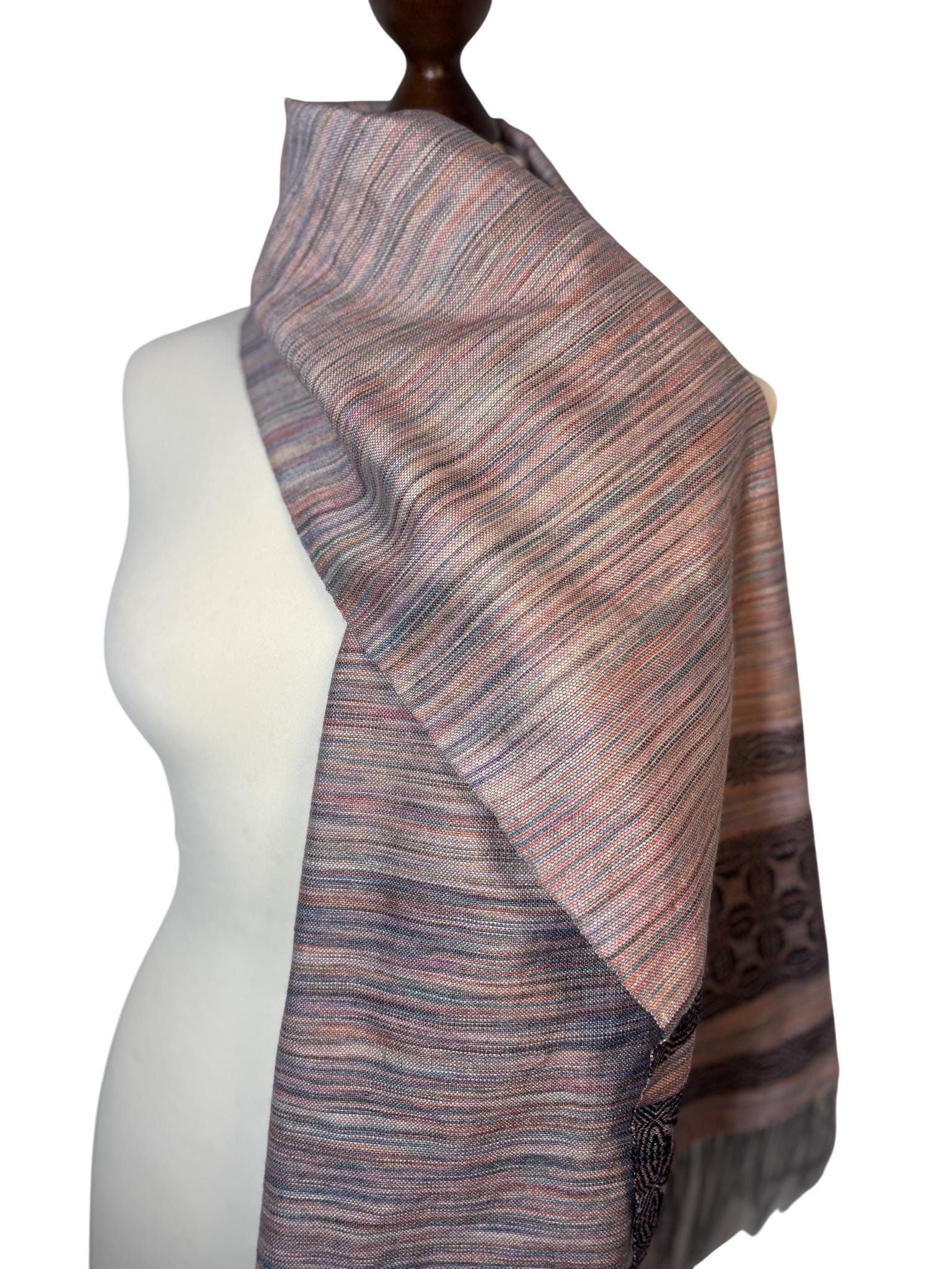 Asymmetrical Pink Merino Silk Scarf with Lily Motif – Handwoven Luxury Shawl, Personalized Scarf, photo 2