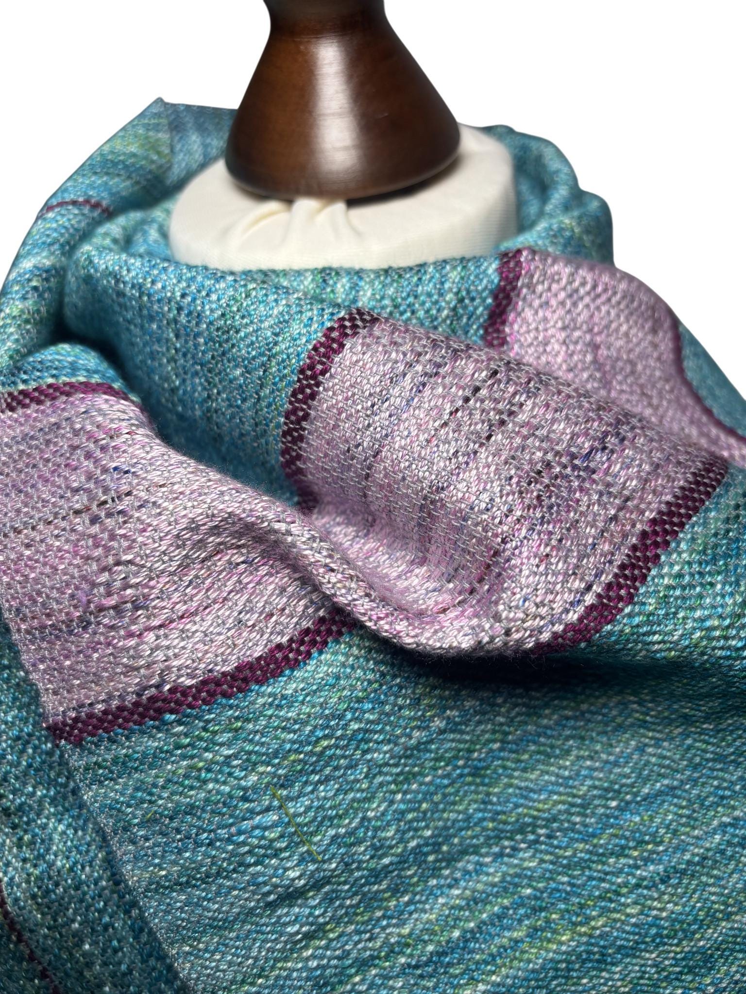 Asymmetrical Turquoise Shawl with Purple Inlay Stripes – Unique Hand-Dyed Warm Short Scarf, Monogram Customizable