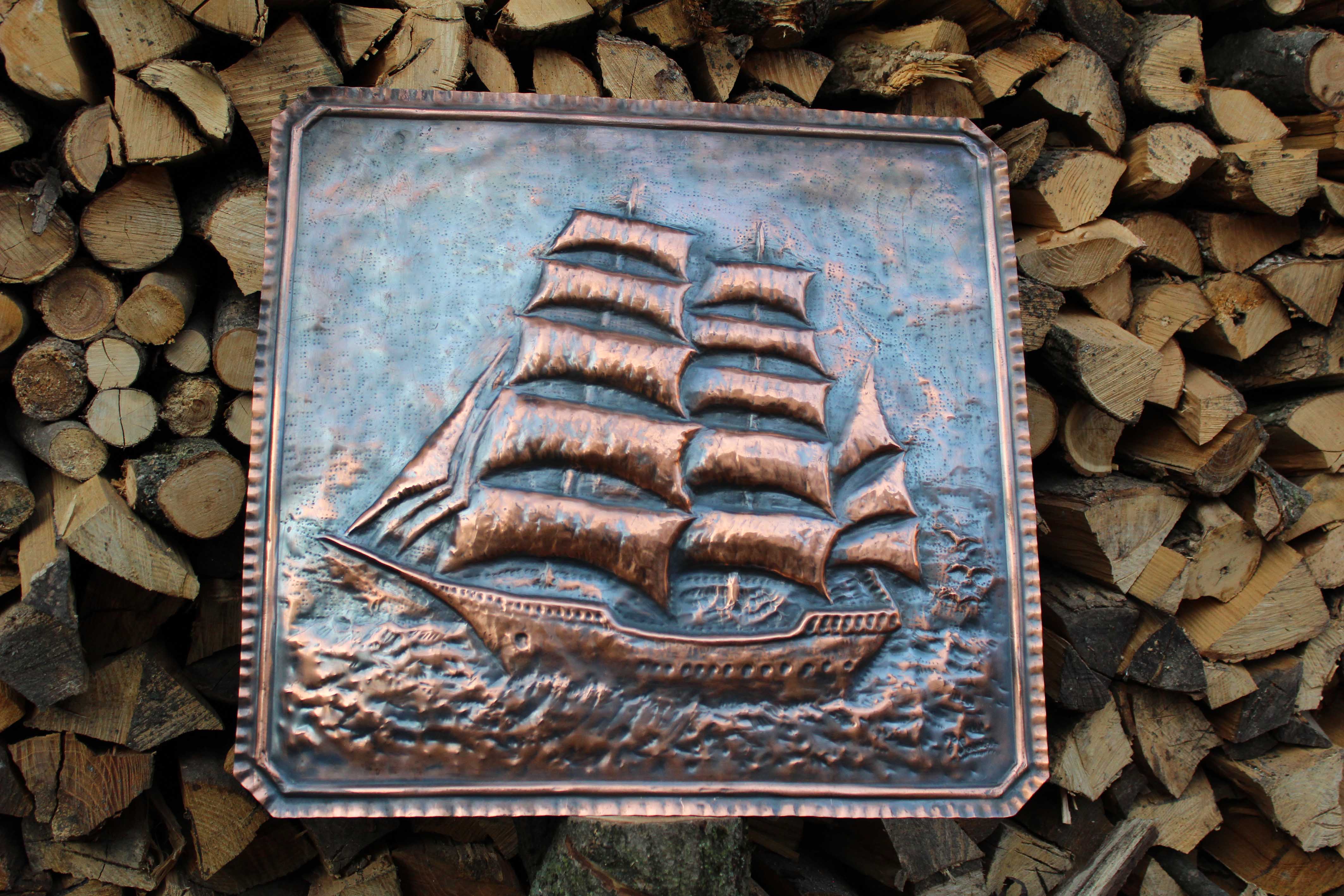 Handmade Copper Ship Wall Art Embossed Copper Panel Nautical Metal Artwork Italian Craftsmanship, photo 2