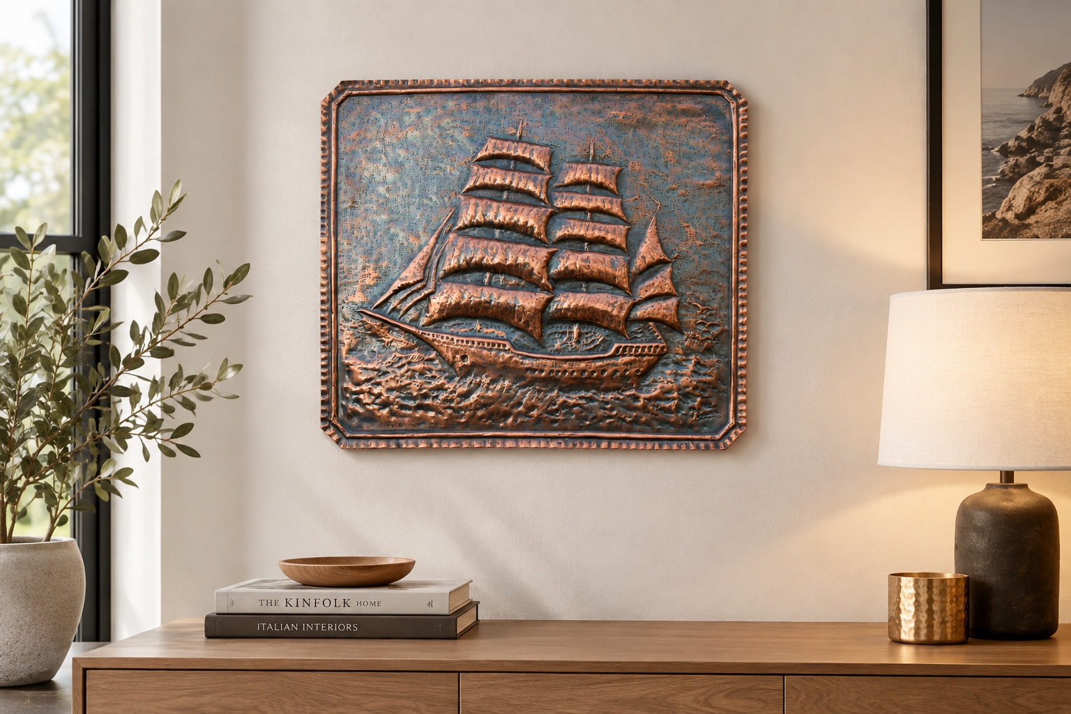 Handmade Copper Ship Wall Art Embossed Copper Panel Nautical Metal Artwork Italian Craftsmanship